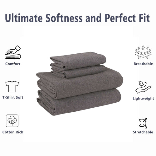 Breathable Luxury Cotton Rich Extra Soft Jersey Bed Sheet Set, Queen, Charcoal, 4 Pieces - Premium Ultra-Soft Pillowcase Pair for Sleeping Detail