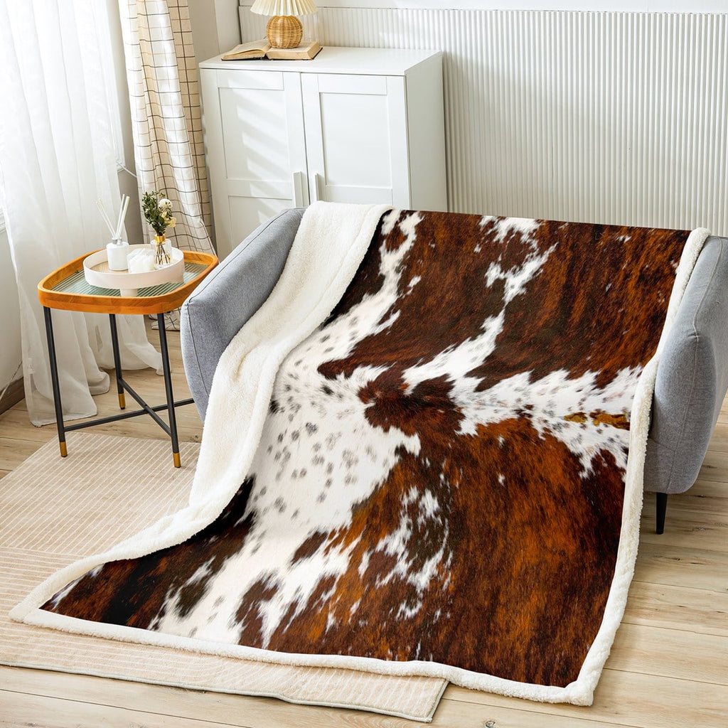 Cozy Fleece Milk Cow Print Throw Blanket for Bed Chair,Black Brown Cowhide Fleece Blanket 50"x60",Farmhouse Rustic Animal Skin We... - Lightweight Plush Warm Blanket for All Seasons Detail