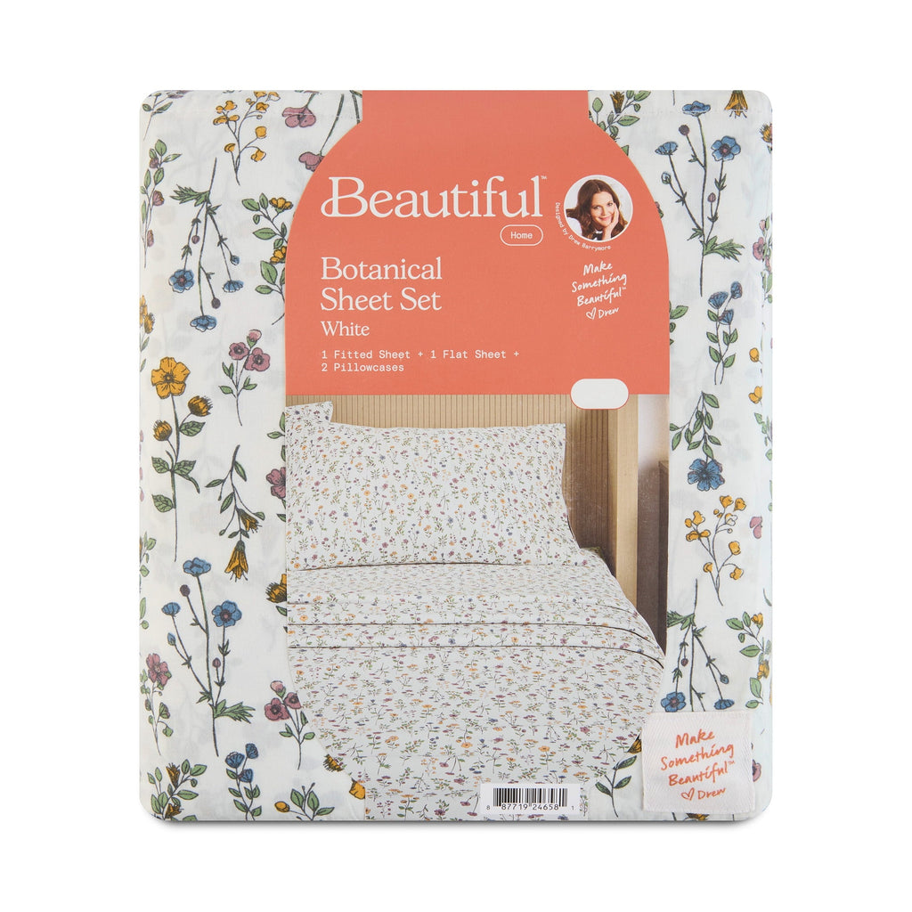 Wrinkle-Resistant Botanical 4-Piece 100% Cotton Washed Percale White Sheet Set, Queen - Breathable Egyptian Cotton Flat & Fitted Sheets Detail