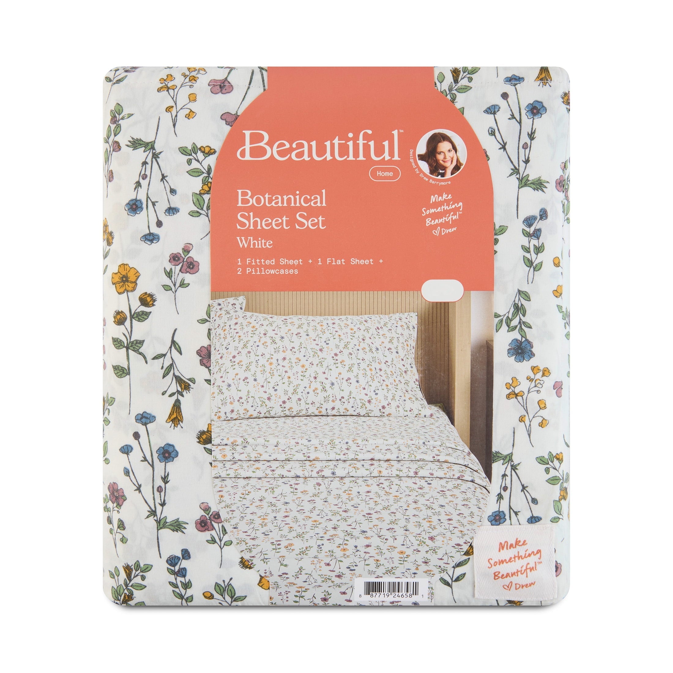 Wrinkle-Resistant Botanical 4-Piece 100% Cotton Washed Percale White Sheet Set, Queen - Breathable Egyptian Cotton Flat & Fitted Sheets Detail
