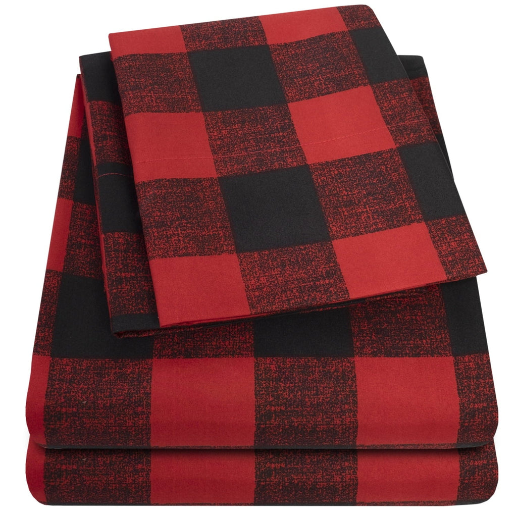 Breathable Luxury Buffalo Plaid Black and Red 4 Piece Bed Sheet Set - Twin - Breathable Egyptian Cotton Flat & Fitted Sheets Detail