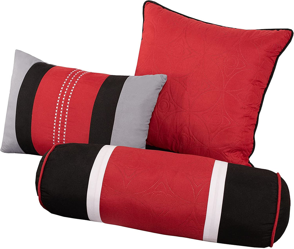 Fluffy Down Alternative 7-Piece Medallion Patchwork Comforter Set, Full, Red/Gray/Black - Luxurious Quilted Duvet Cover Set Detail