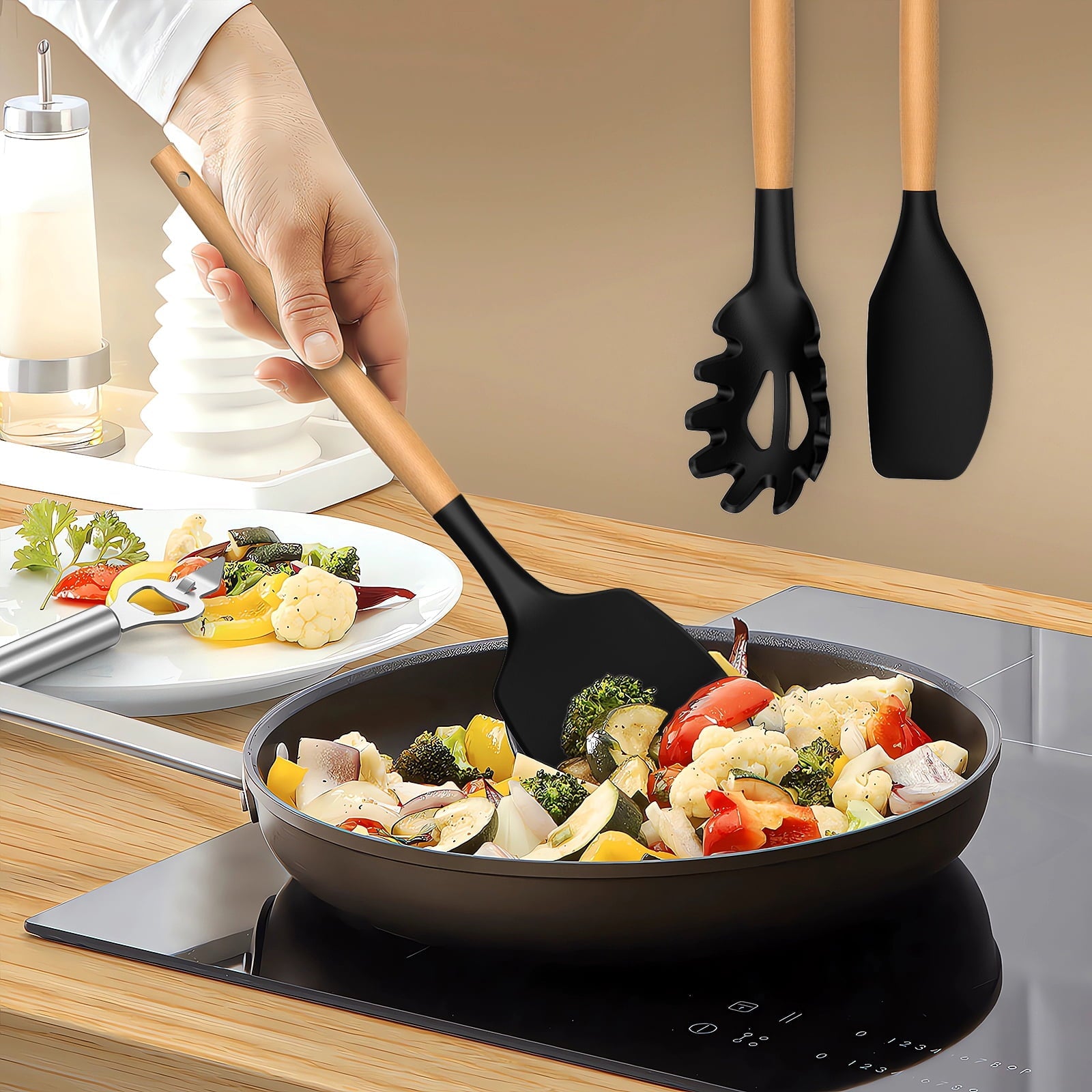Ergonomic Manual Silicone Cooking Utensils Set - Silicone Kitchen Utensils for Cooking Wooden Handles, 446°F Heat Resistant Kitchen Ut... - Multi-Functional Manual Food Chopper & Slicer Detail