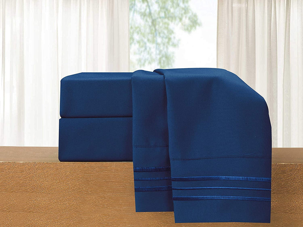 Premium Egyptian Cotton 4-Piece Microfiber Bed Sheet Set, Soft & Breathable, Wrinkle & Fade Resistant, Deep Pocket, Queen, Navy Blue - Cooling Hotel Quality Bedding Sheets and Pillowcases Detail