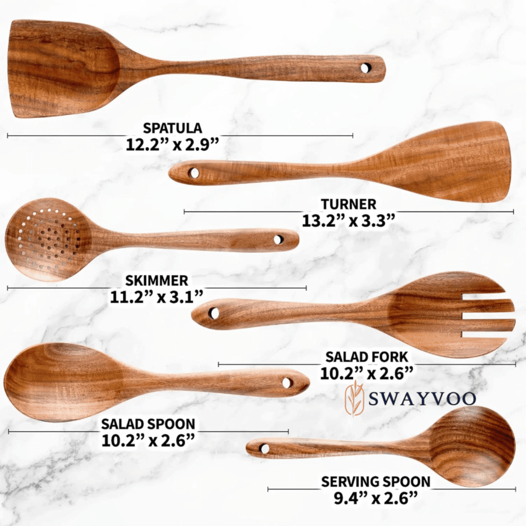 Heat-Resistant Wooden Spoons for Cooking, 6-Piece 100% Natural Teak Wooden Utensils for Cooking — Heat Resistant, Non-Stick ... - Ergonomic Kitchen Tongs and Cooking Spoon Utensil Detail