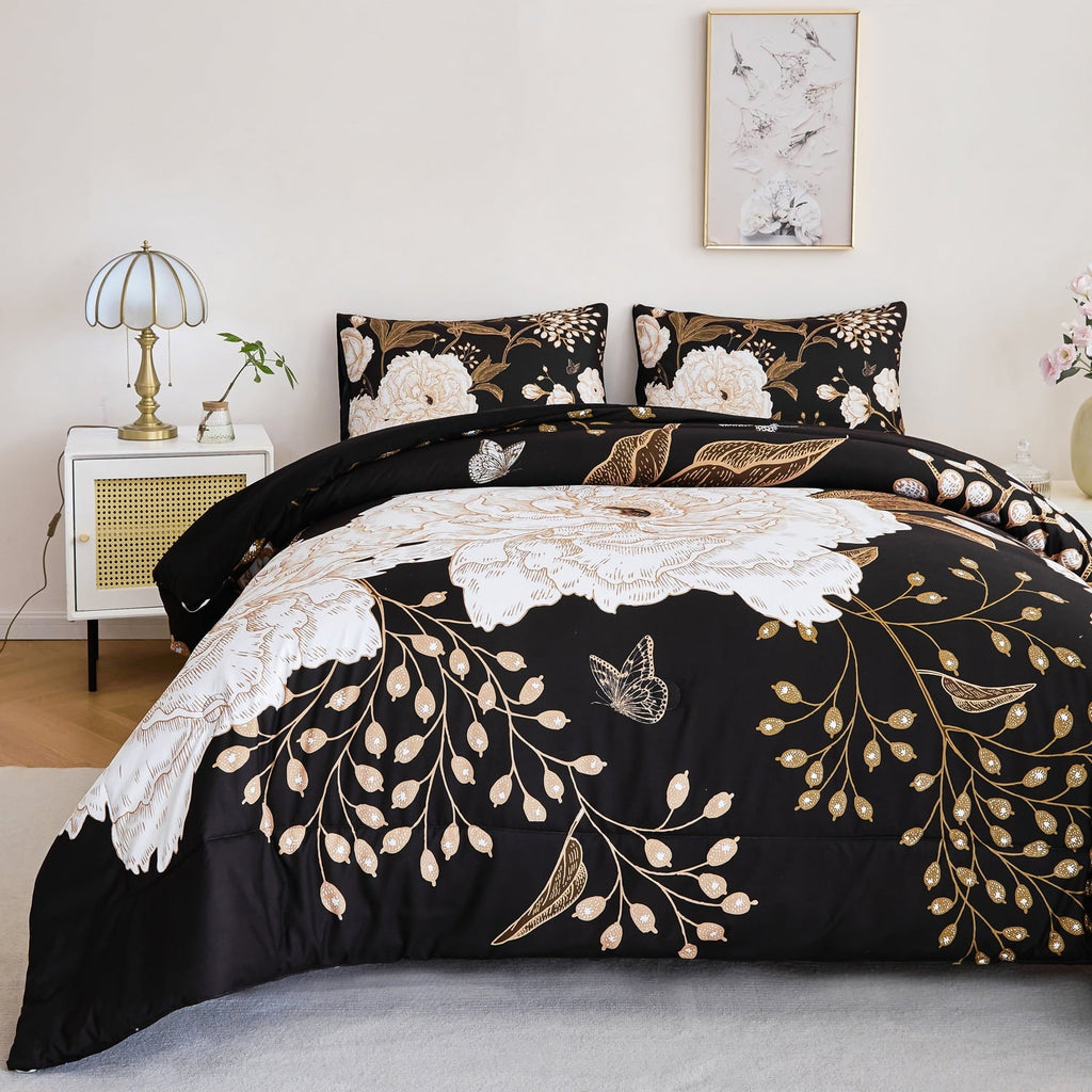 All-Season Black Floral Comforter Set Queen, Printed Comforter White Flowers Butterfly Bedding Set, 3 Pieces Botanical Reversibl... - All-Season Down Alternative Comforter Insert Detail