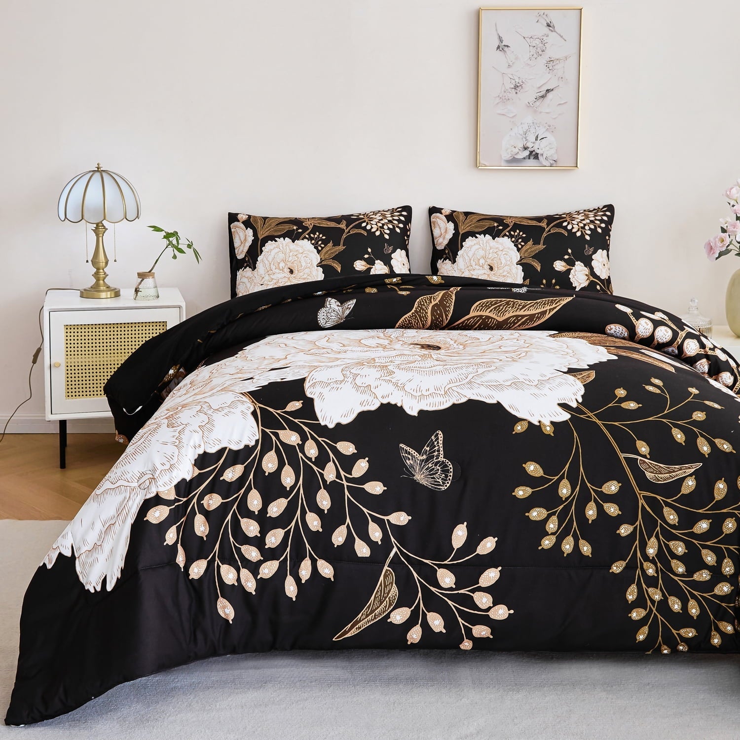 All-Season Black Floral Comforter Set Queen, Printed Comforter White Flowers Butterfly Bedding Set, 3 Pieces Botanical Reversibl... - All-Season Down Alternative Comforter Insert Detail