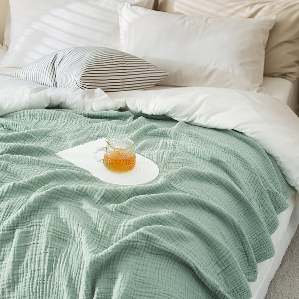 Cozy Fleece 100% Cotton Muslin Throw Blanket Gauze Blankets for Adults Soft Throws for Bed and Couch, 50" x 70" Sage Green - Super Soft Reversible Sherpa Flannel Blanket Detail
