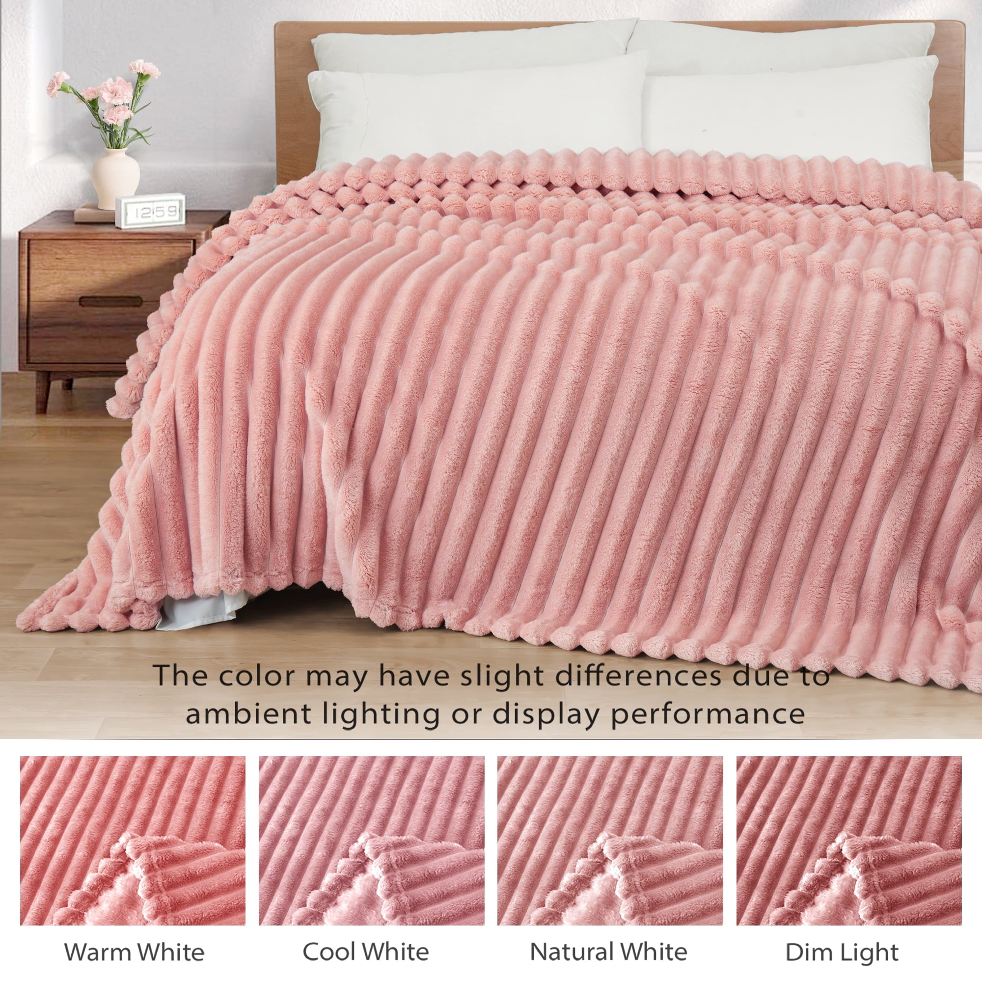 Reversible Sherpa Fleece Throw Blanket for Couch, Super Soft 3D Striped Jacquard Blanket, Lightweight Fuzzy Cozy Blankets, Pink, 50"x60" - Luxury Knitted Decorative Throw Blanket with Fringes Detail