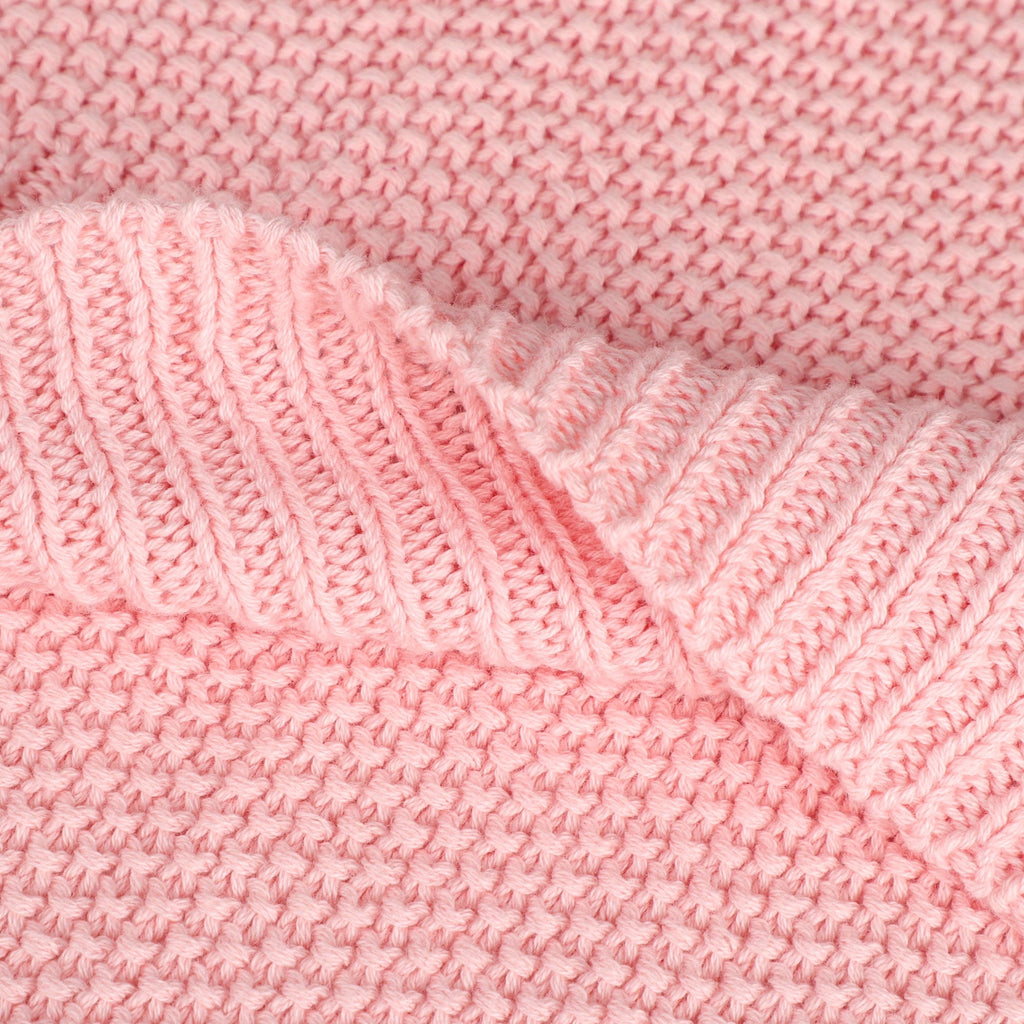 Lightweight Warm Pure Cotton Soft Cable Knit Throw Blanket Pink 50" x 70" - Luxury Knitted Decorative Throw Blanket with Fringes Detail
