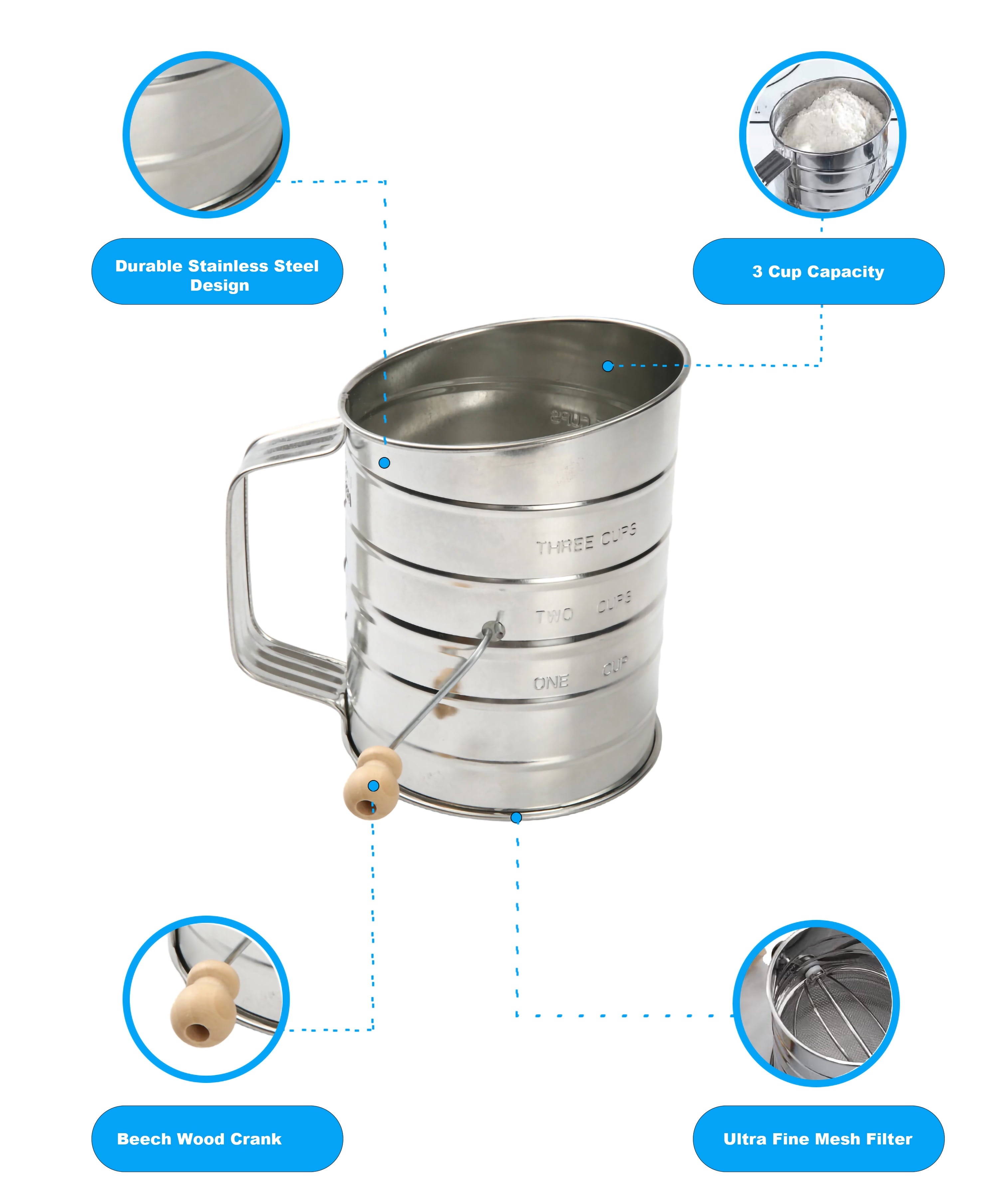 Premium Kitchen Stainless Steel 3 Cup Flour Hand-Crank Sifter with Beechwood Handle Silver - Innovative Kitchen Helper for Modern Cooking Detail