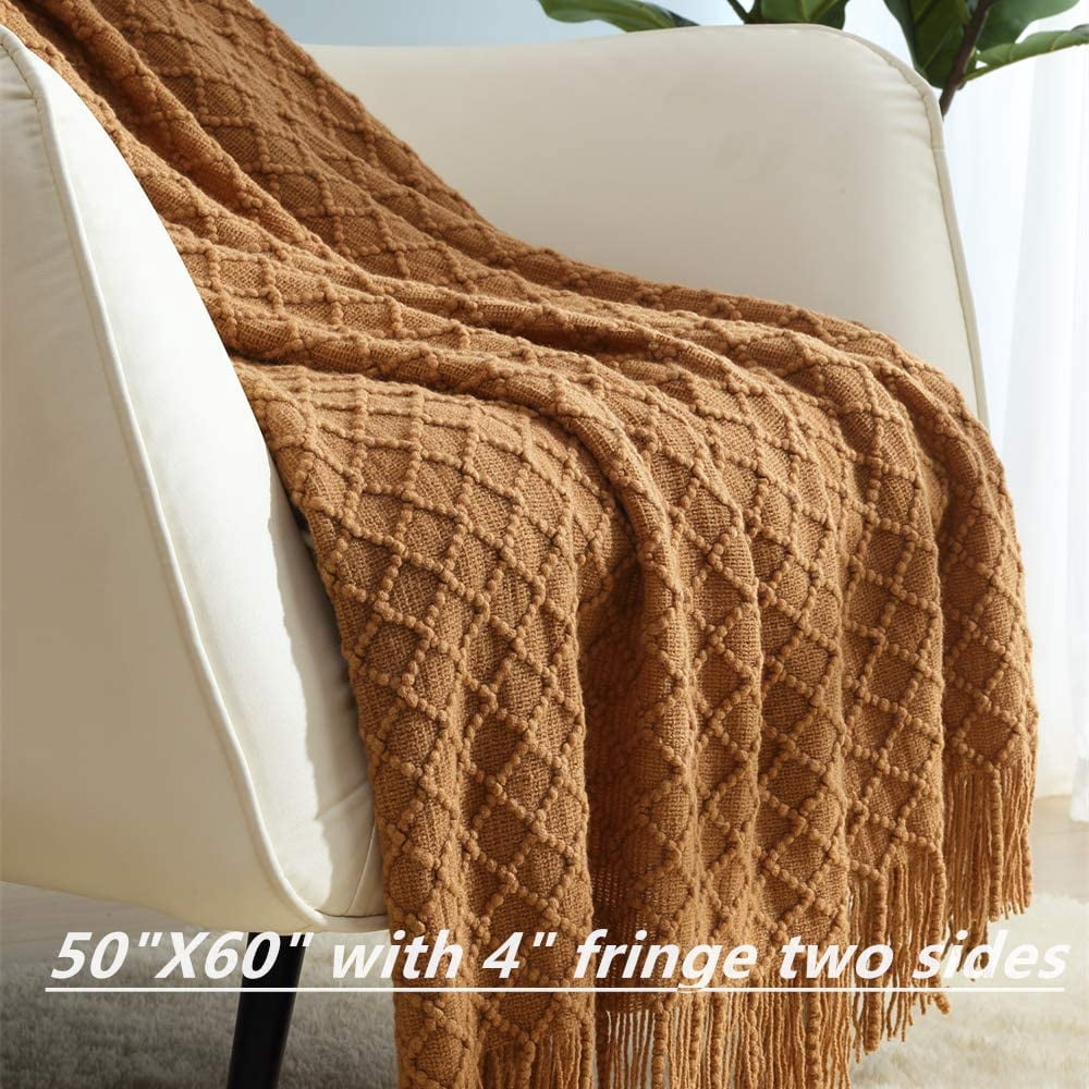 Reversible Sherpa Home Decor Rustic Couch Sofa Chair Bed Throw Blanket, Soft Warm Light Weight in Spring Summer (50''X60'' Brown) - Luxury Knitted Decorative Throw Blanket with Fringes Detail