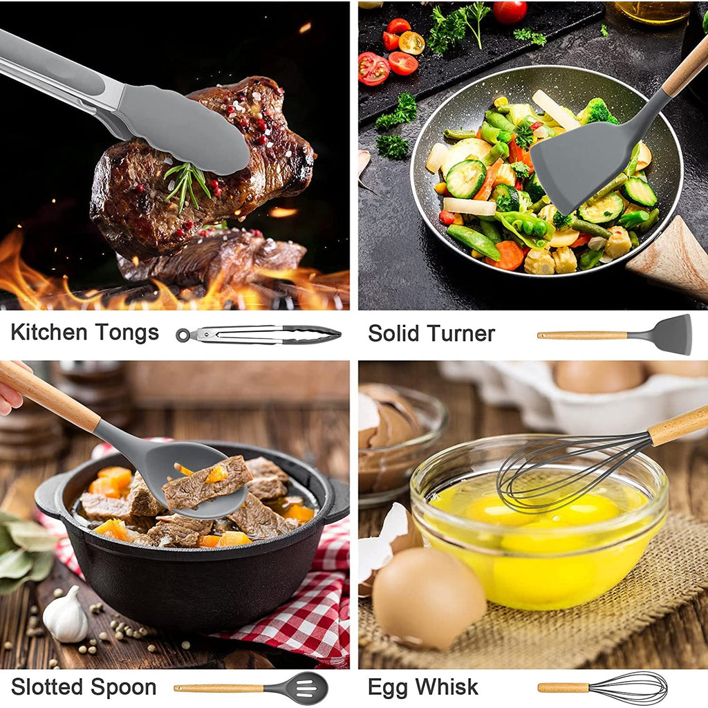 Premium Silicone Silicone Cooking Utensils Set, 446°F Heat Resistant Wooden Handle Cooking Kitchen Utensils Spatula Set with Holder fo... - Ergonomic Kitchen Tongs and Cooking Spoon Utensil Detail