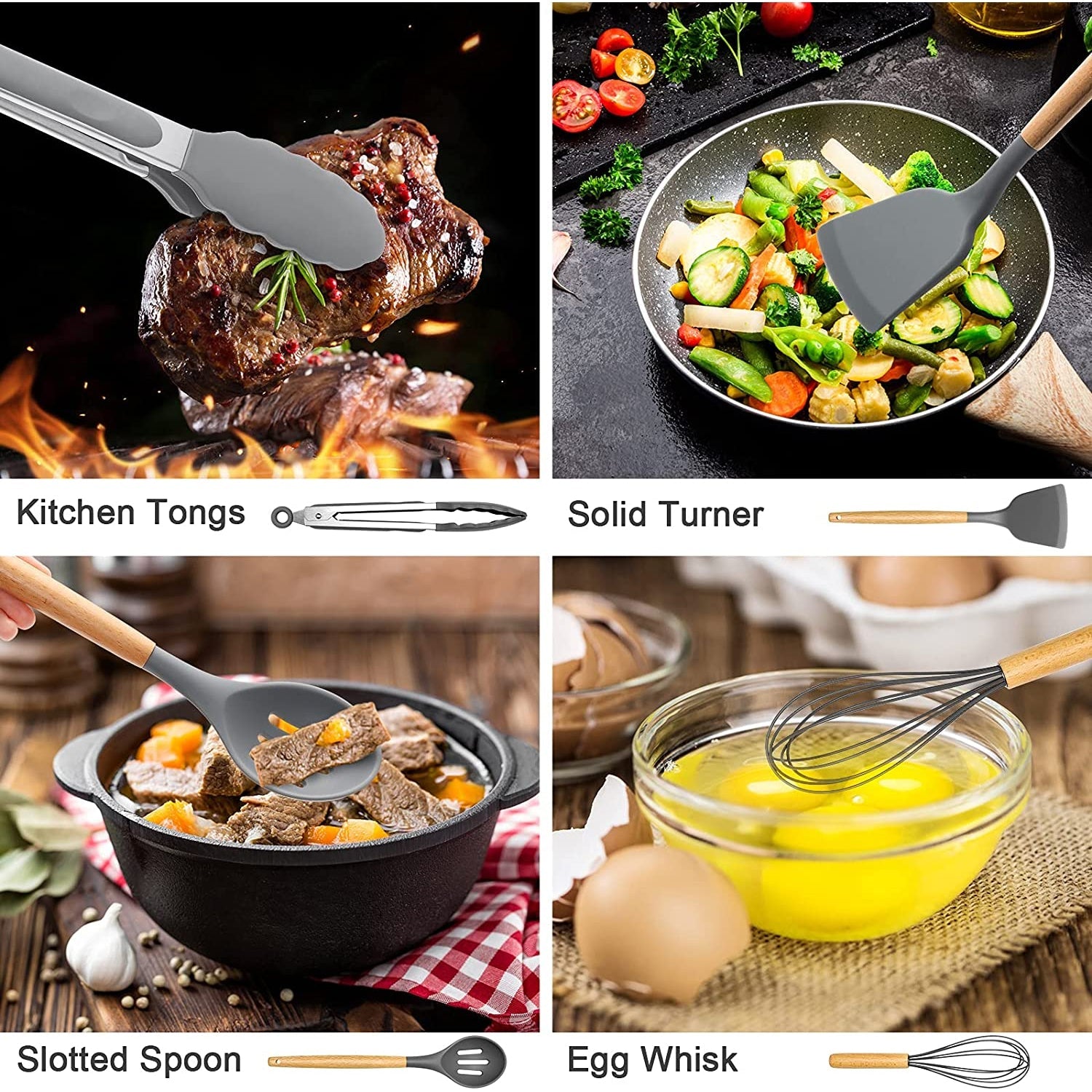 Premium Silicone Silicone Cooking Utensils Set, 446°F Heat Resistant Wooden Handle Cooking Kitchen Utensils Spatula Set with Holder fo... - Ergonomic Kitchen Tongs and Cooking Spoon Utensil Detail