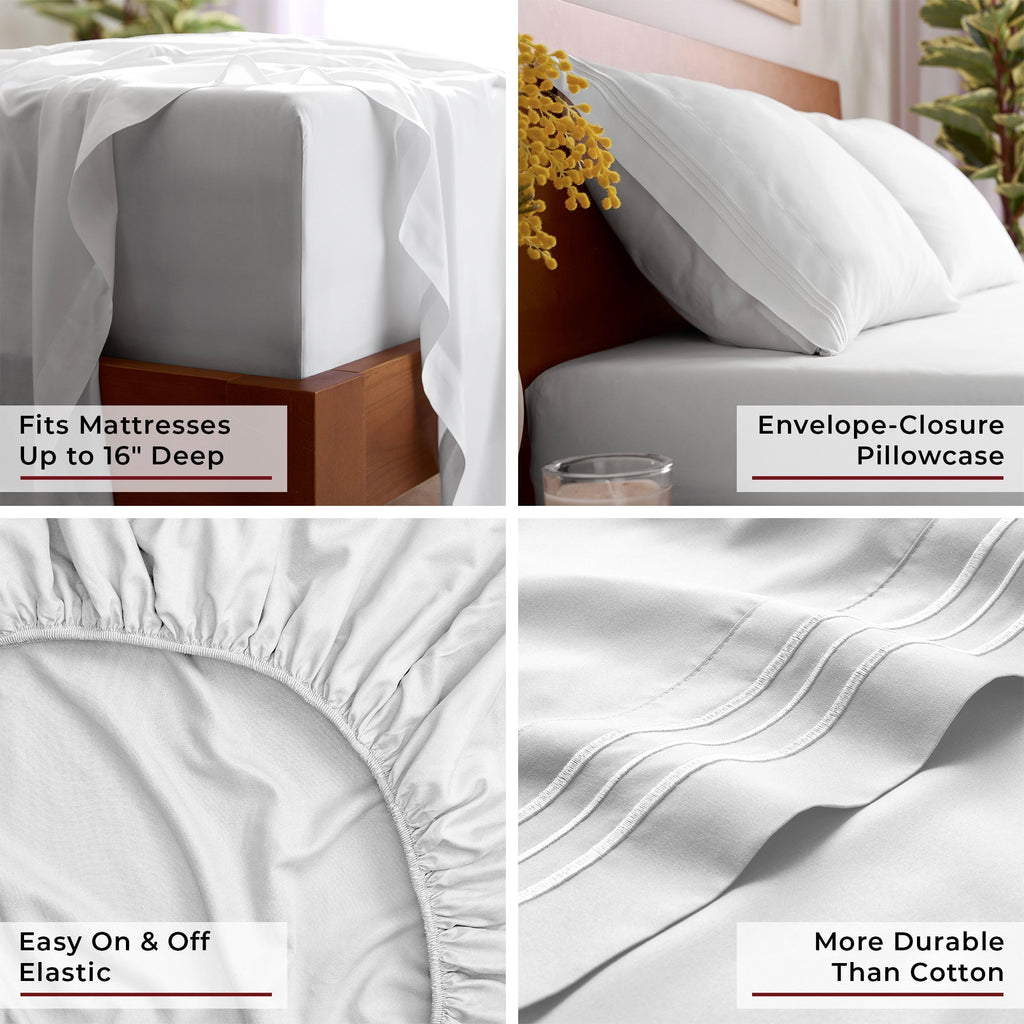 Premium Egyptian Cotton Iconic 6 Piece Bed Sheet Set Brushed Microfiber, Deep Pocket, Queen, White - Breathable Egyptian Cotton Flat & Fitted Sheets Detail