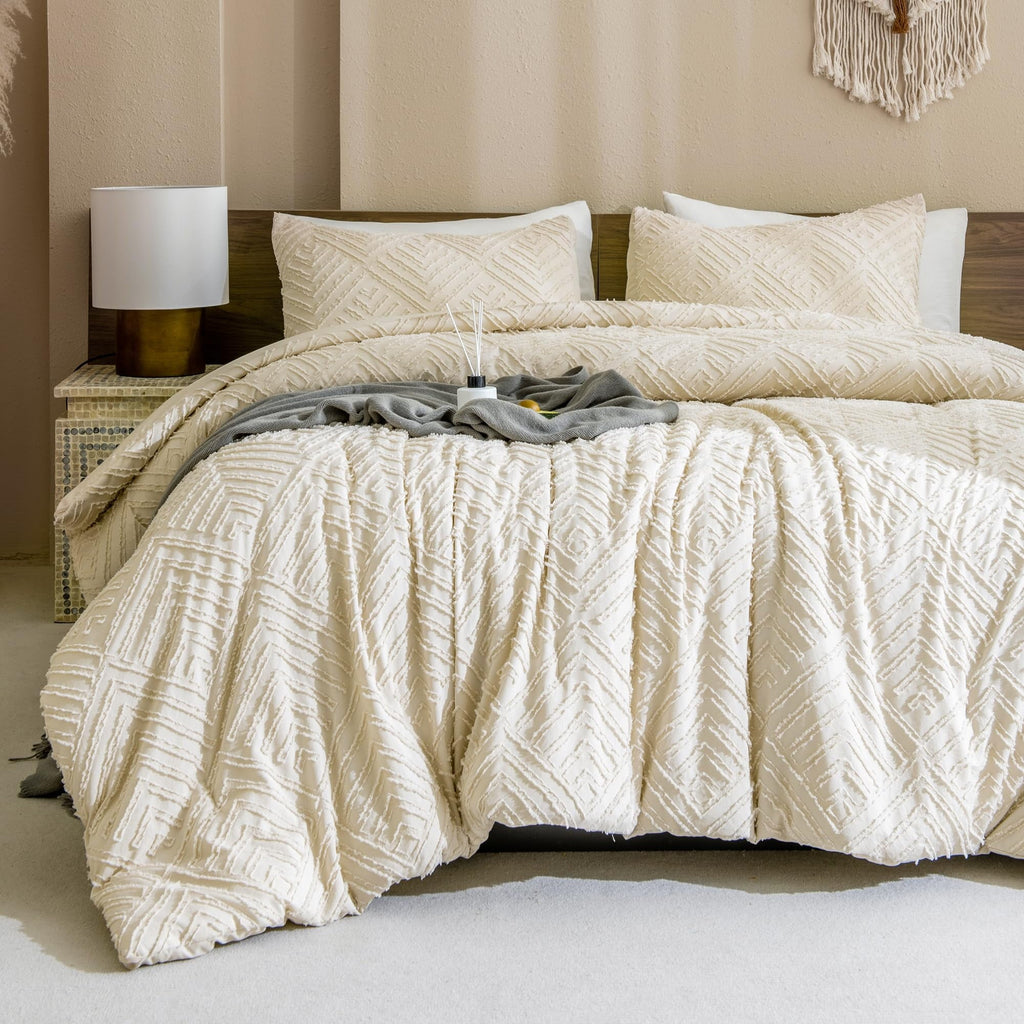 All-Season King Size Comforter Sets Beige - 3 Pieces Cream Boho Bedding Comforter Set for King Bed - Soft Fluffy Tufted Textured... - All-Season Down Alternative Comforter Insert Detail