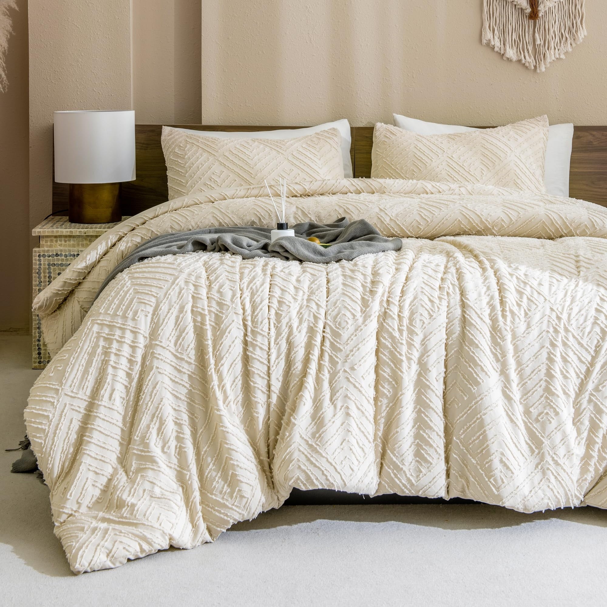 All-Season King Size Comforter Sets Beige - 3 Pieces Cream Boho Bedding Comforter Set for King Bed - Soft Fluffy Tufted Textured... - All-Season Down Alternative Comforter Insert Detail