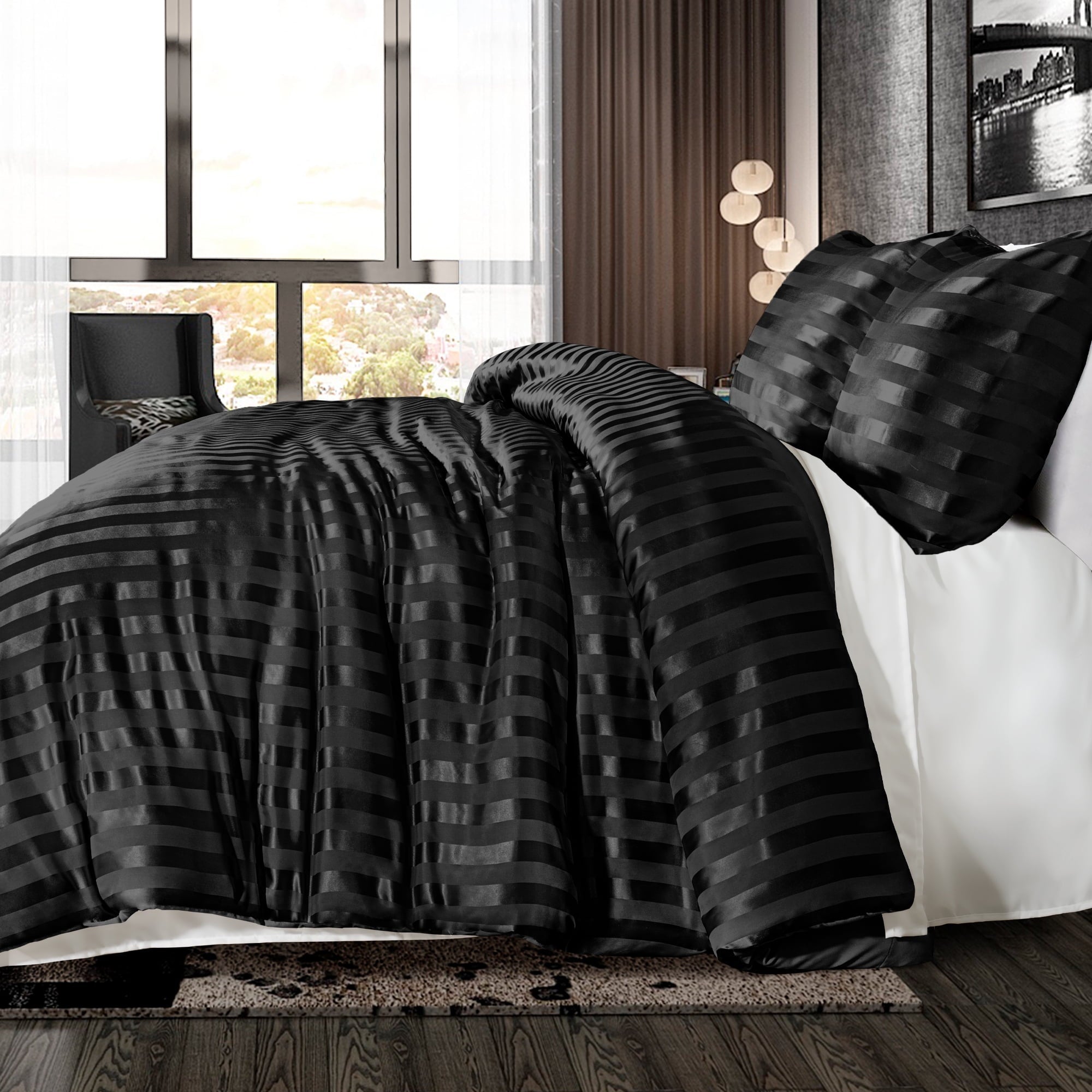 All-Season 3-Piece Reversible Silky Soft King Size Comforter Set, Luxury Stripe Satin Oversized Comforter Bedding Set with 2 Sat... - All-Season Down Alternative Comforter Insert Detail