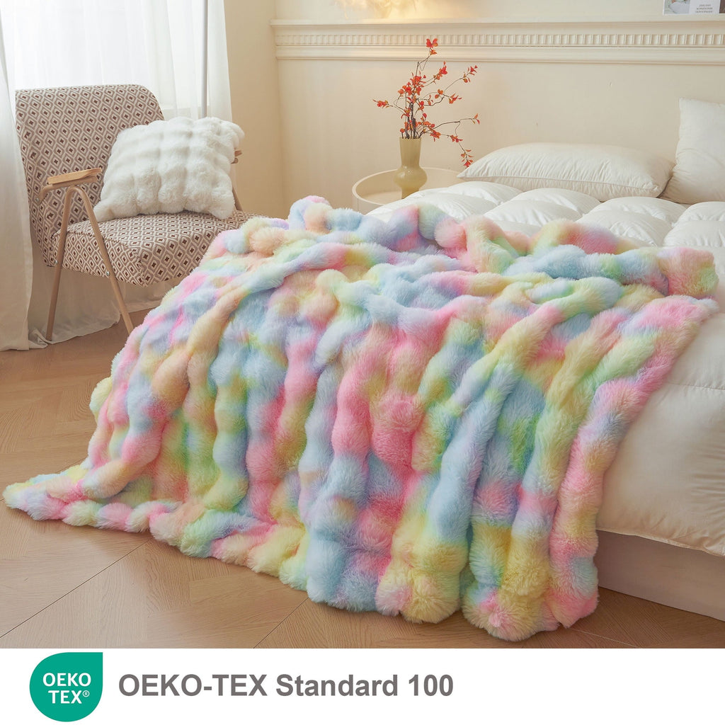 Decorative Knitted Fluffy Faux Rabbit Fur Bubble Throw, Rainbow Plush Shaggy Blanket for Couch Sofa Chair, Soft Tie Dye Furry Blanket Ad... - Luxury Knitted Decorative Throw Blanket with Fringes Detail