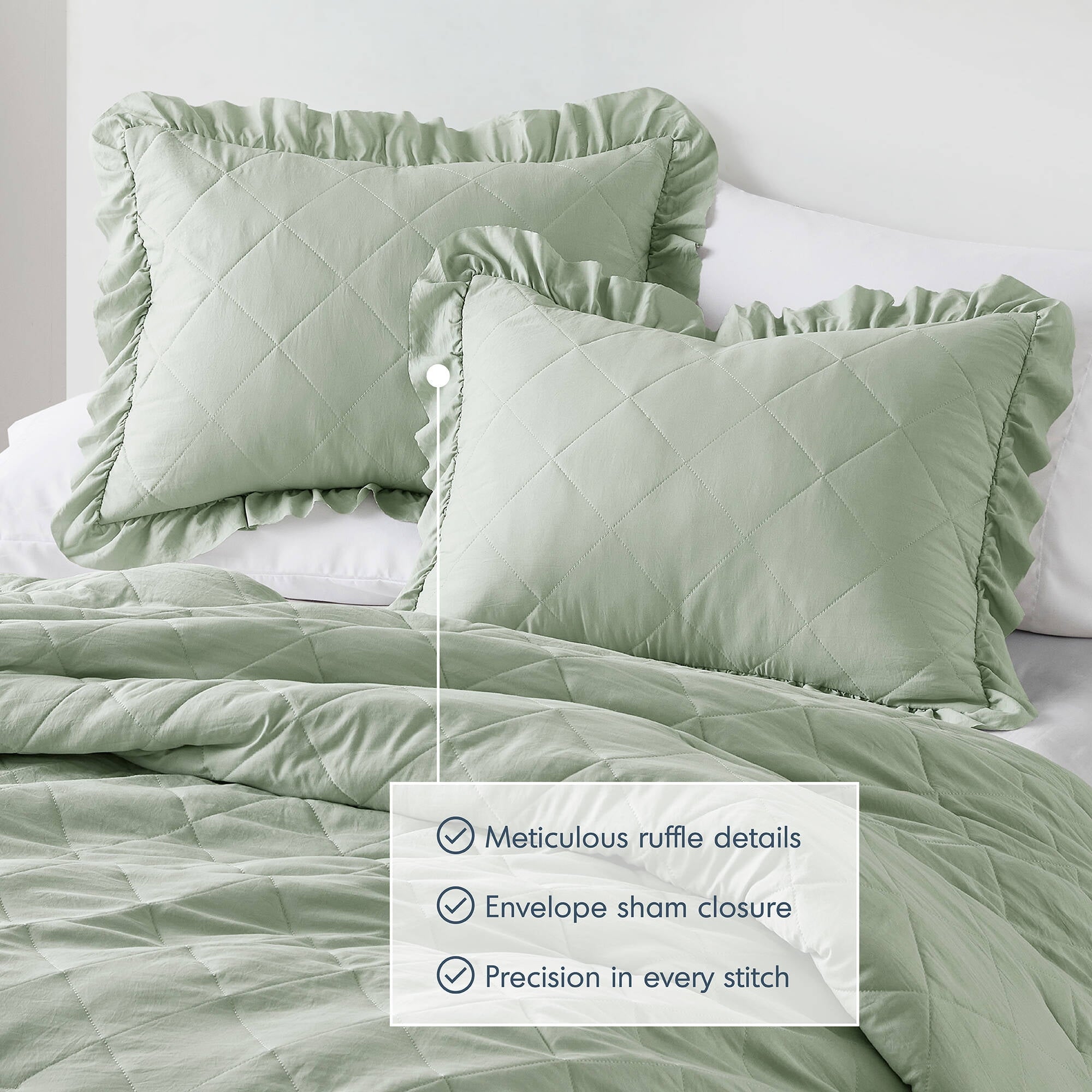 All-Season Full/Queen Comforter Set Sage, 3 Pieces Quilted Ruffle Comforters Full/Queen Size, Solid Bedding Comforters Sets, Gif... - Cloud-Like Soft Lightweight Bed Comforter Detail