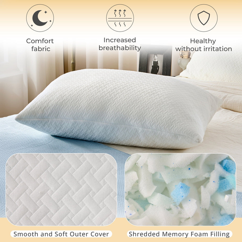Ergonomic Memory Foam 2 Pack Bed Pillow, Shredded Gel Memory Foam Pillow, Standard Queen, Medium, Made in USA - Hotel Quality Plush Sleeping Pillows Detail