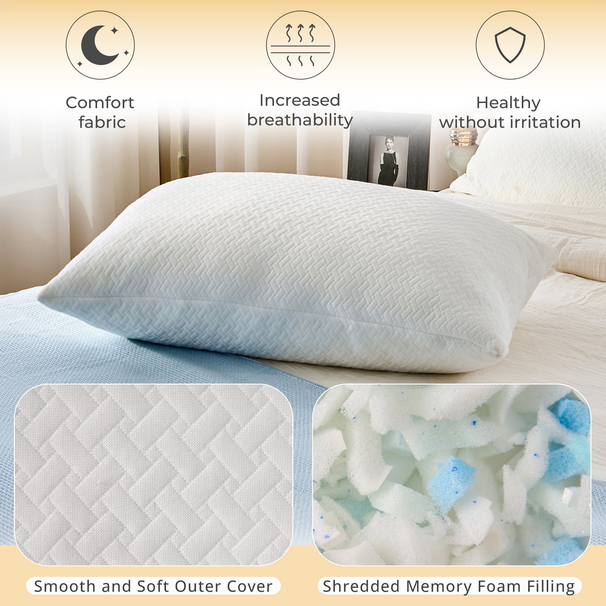 Ergonomic Memory Foam 2 Pack Bed Pillow, Shredded Gel Memory Foam Pillow, Standard Queen, Medium, Made in USA - Hotel Quality Plush Sleeping Pillows Detail