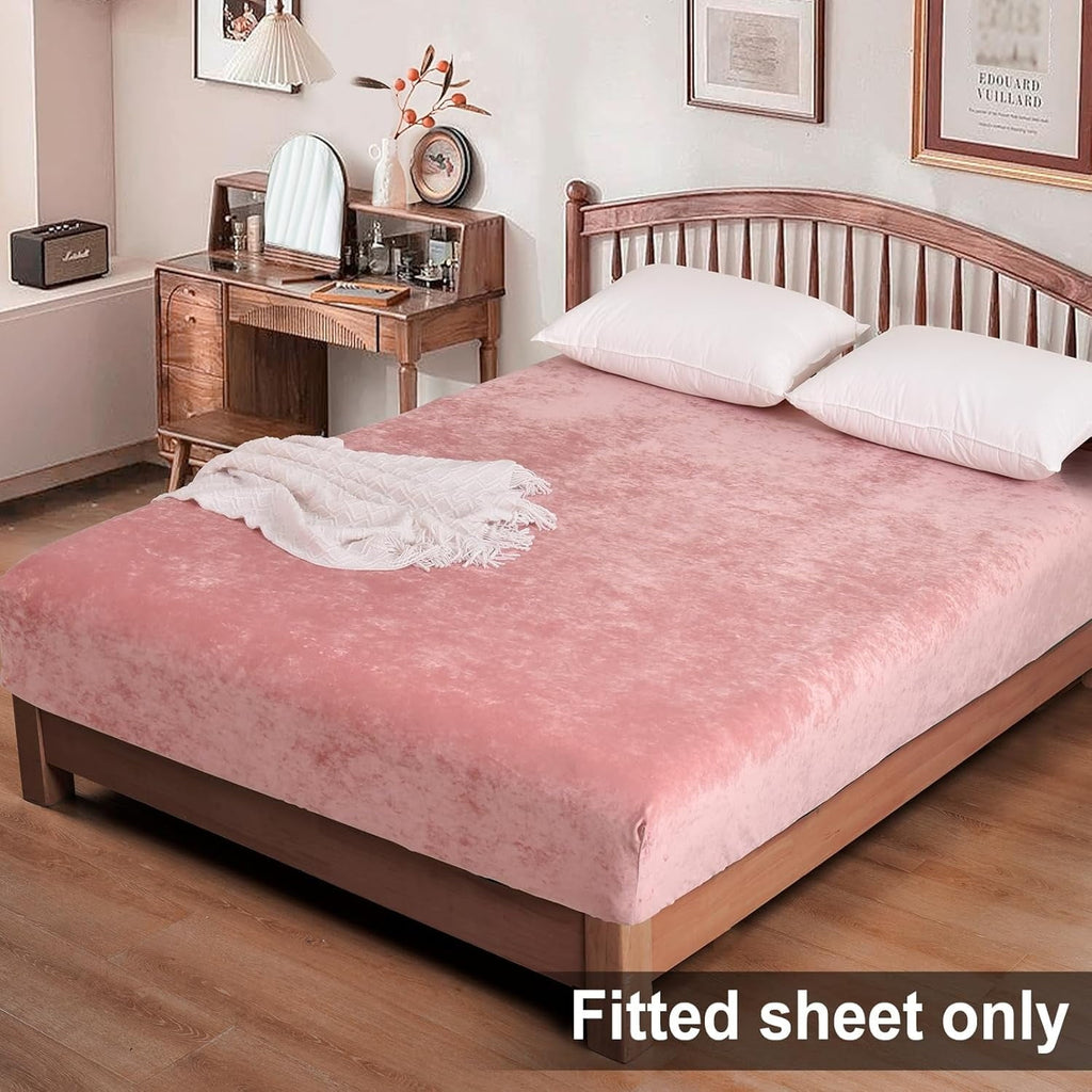 Cooling Sateen Truly Velvet Fitted Sheet Twin Size, Luxury Super Soft Flannel Bottom Sheet with 15" Deep Pocket for Winter, Pink - Premium Ultra-Soft Pillowcase Pair for Sleeping Detail