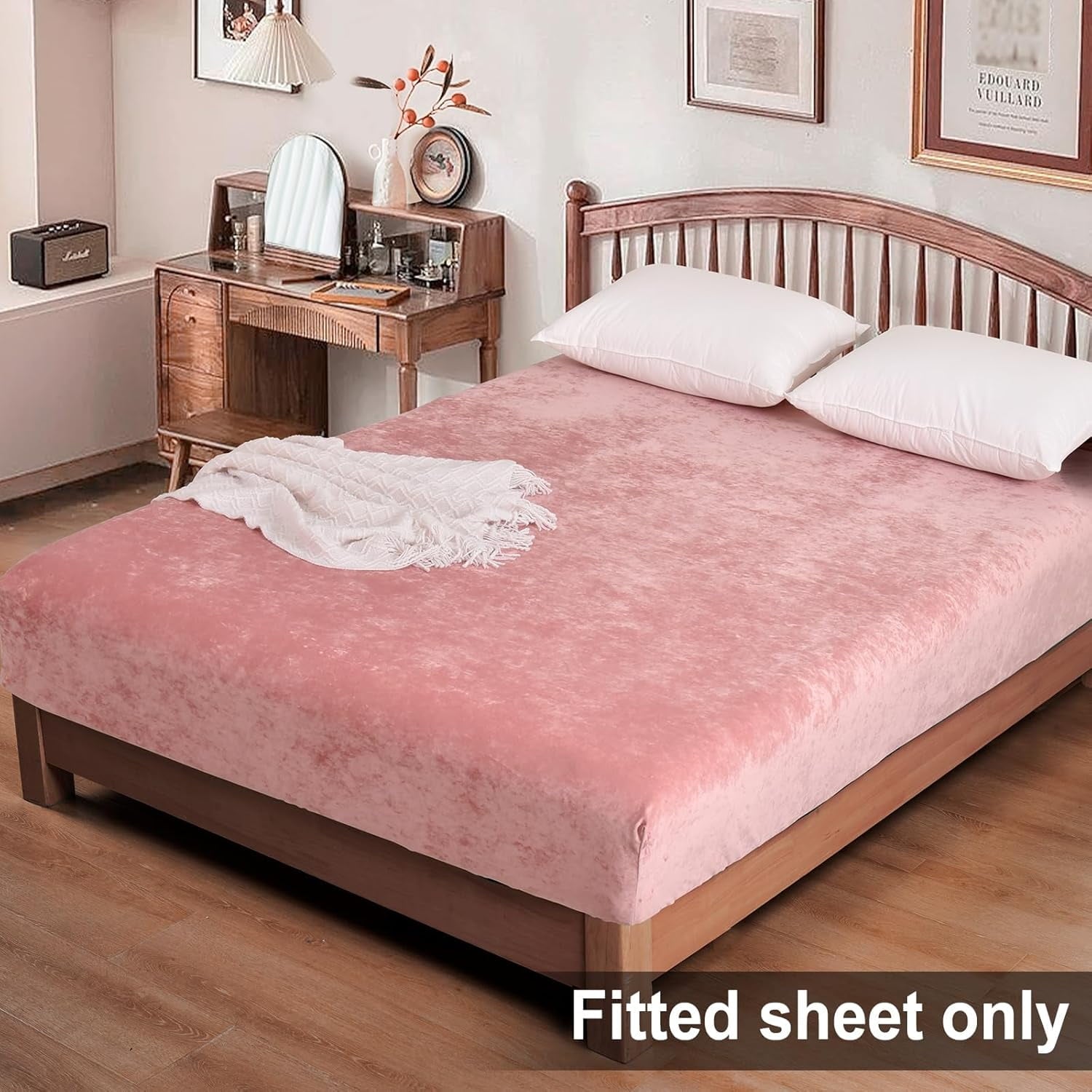 Cooling Sateen Truly Velvet Fitted Sheet Twin Size, Luxury Super Soft Flannel Bottom Sheet with 15" Deep Pocket for Winter, Pink - Premium Ultra-Soft Pillowcase Pair for Sleeping Detail