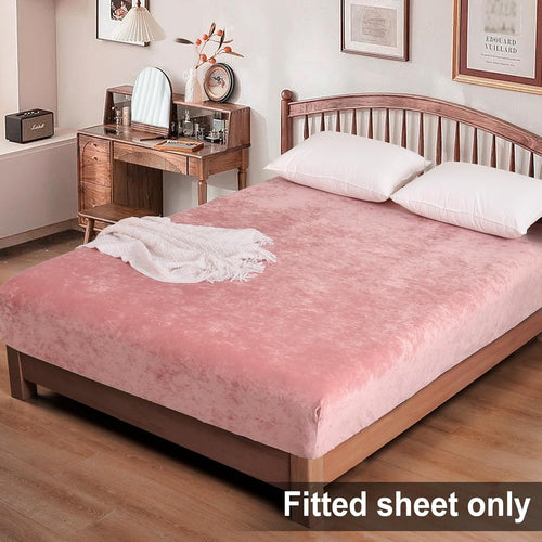 Cooling Sateen Truly Velvet Fitted Sheet Twin Size, Luxury Super Soft Flannel Bottom Sheet with 15" Deep Pocket for Winter, Pink - Premium Ultra-Soft Pillowcase Pair for Sleeping Detail