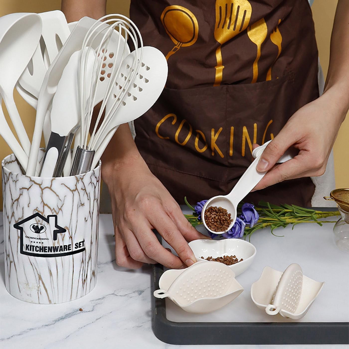 Heavy Duty Silicone Cooking Utensils Set - 446°F Heat Resistant Kitchen Utensils,Turner Tongs,Spatula,Spoon,Brush,Whisk,Kitchen ... - Professional Kitchen Tool for Culinary Enthusiasts Detail