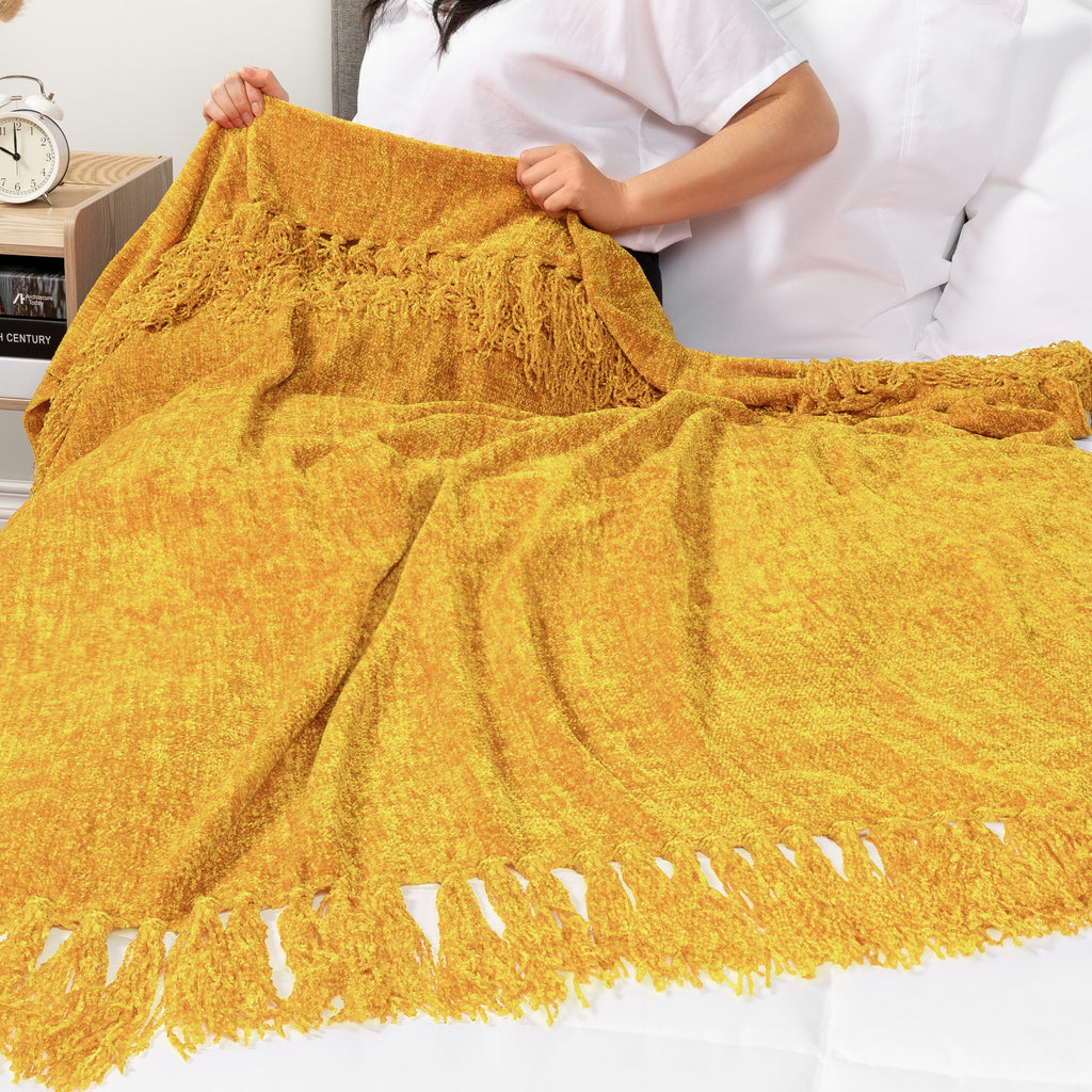 Reversible Sherpa Mustard Yellow Chenille Throw Blanket for Couch, Soft Gold Knit Blanket with Tassel Fringe, Woven Chenille Knitted De... - Cozy Fleece Throw Blanket for Couch & Bed Detail