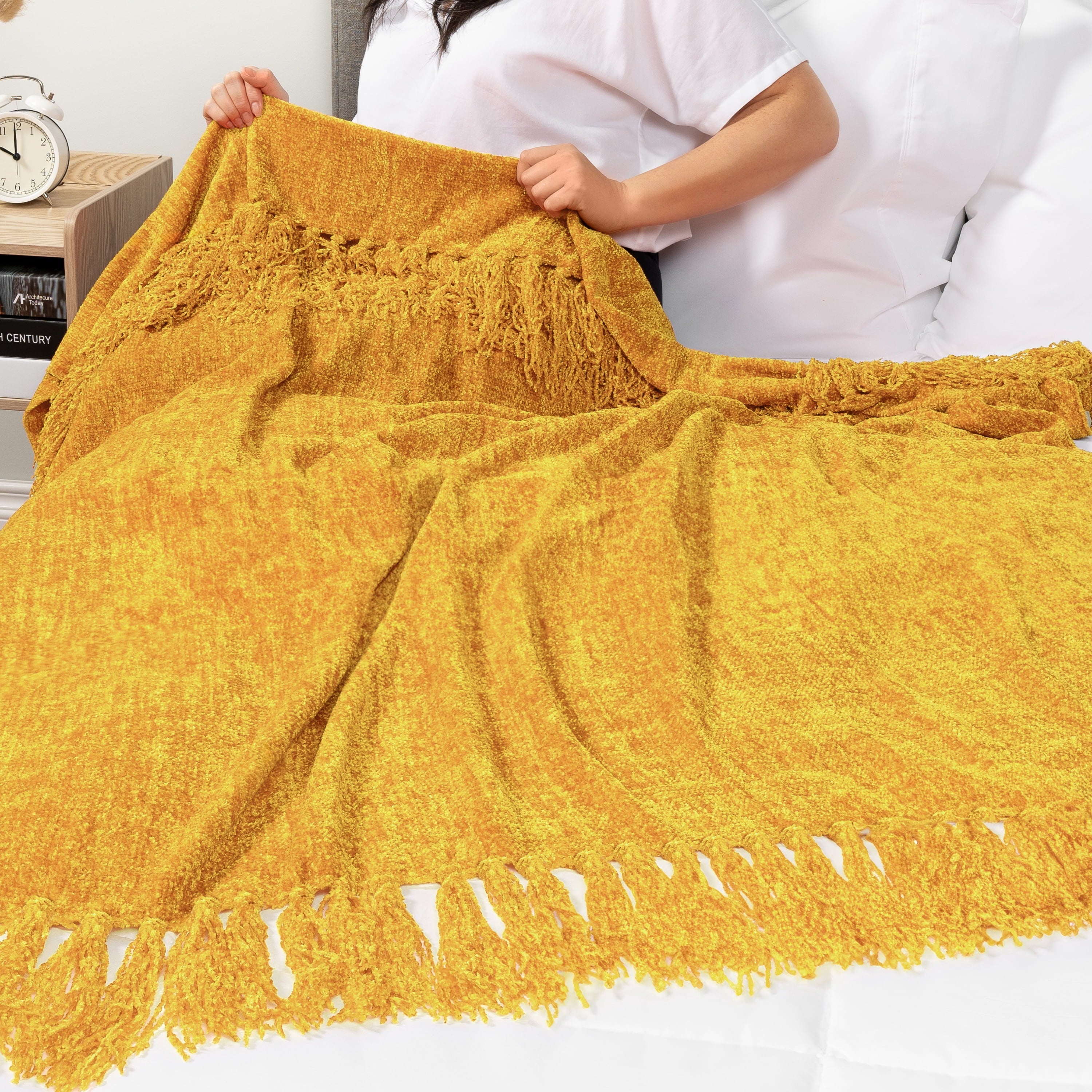 Reversible Sherpa Mustard Yellow Chenille Throw Blanket for Couch, Soft Gold Knit Blanket with Tassel Fringe, Woven Chenille Knitted De... - Cozy Fleece Throw Blanket for Couch & Bed Detail