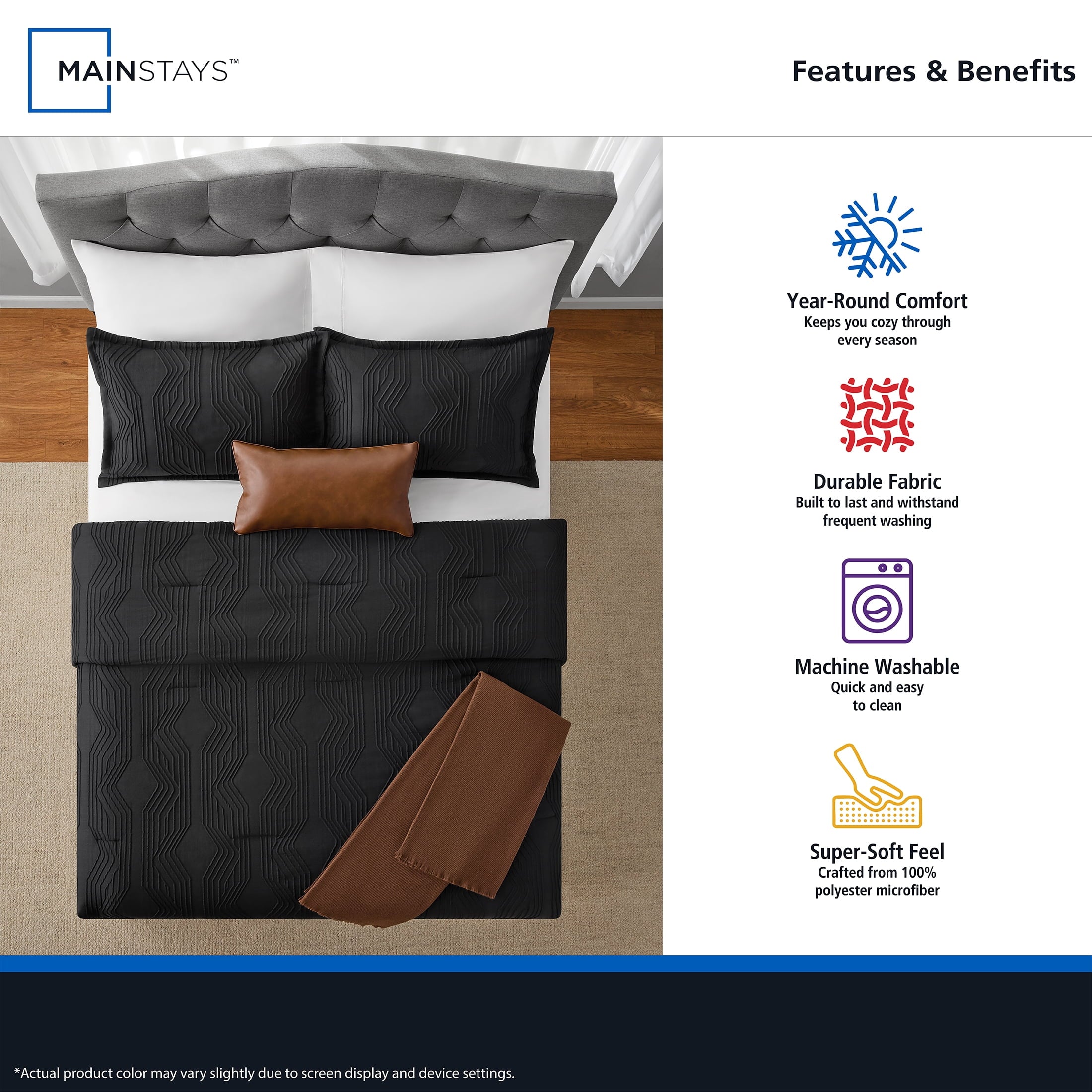 Luxurious Quilted Full/Queen Comforter Set, All-Season, 5-Piece, Black Jacquard Geo - Cloud-Like Soft Lightweight Bed Comforter Detail