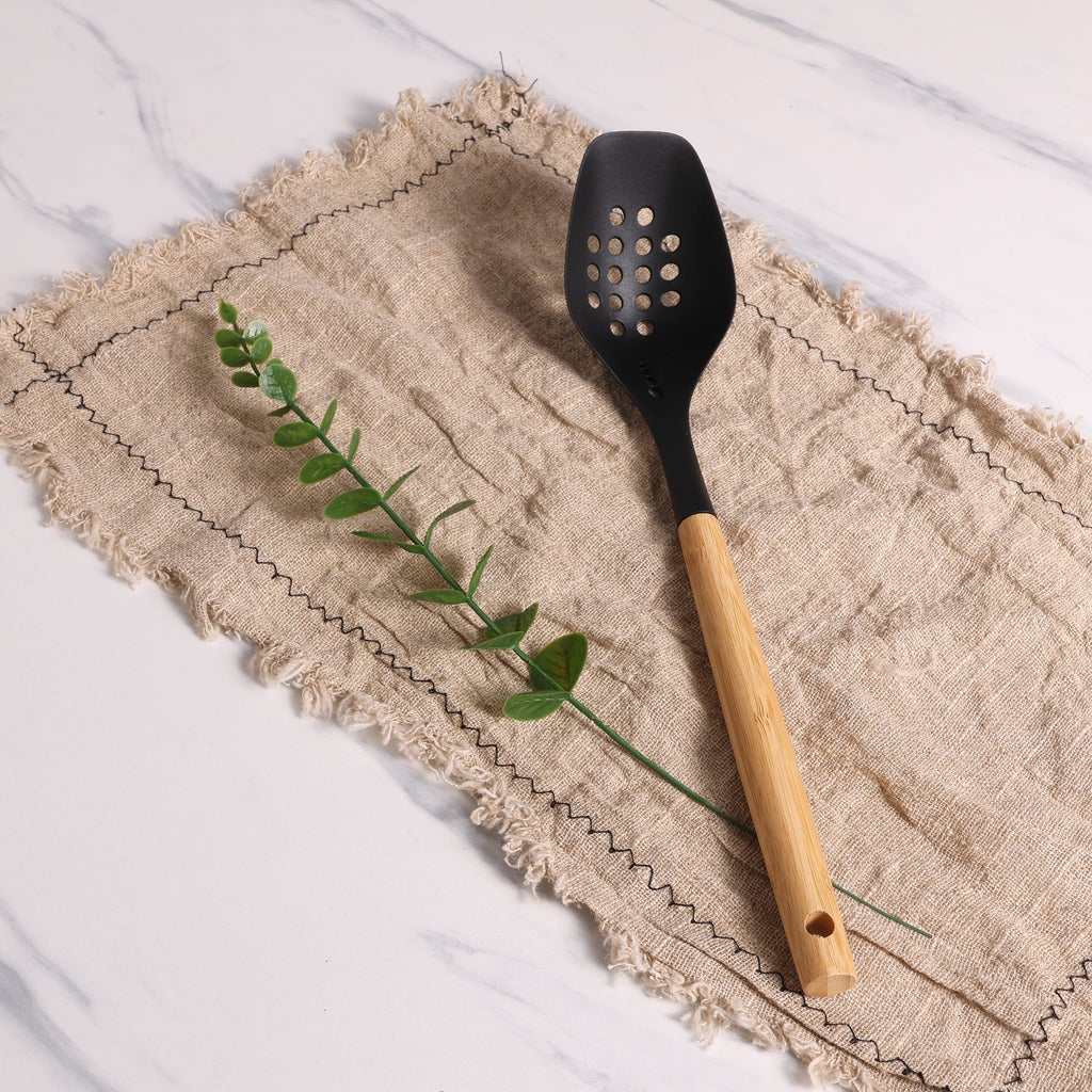 Durable Steel Cooking Spoon with Bamboo Handle, 12.6"2.7", & Bamboo, Black - Professional Kitchen Tool for Culinary Enthusiasts Detail