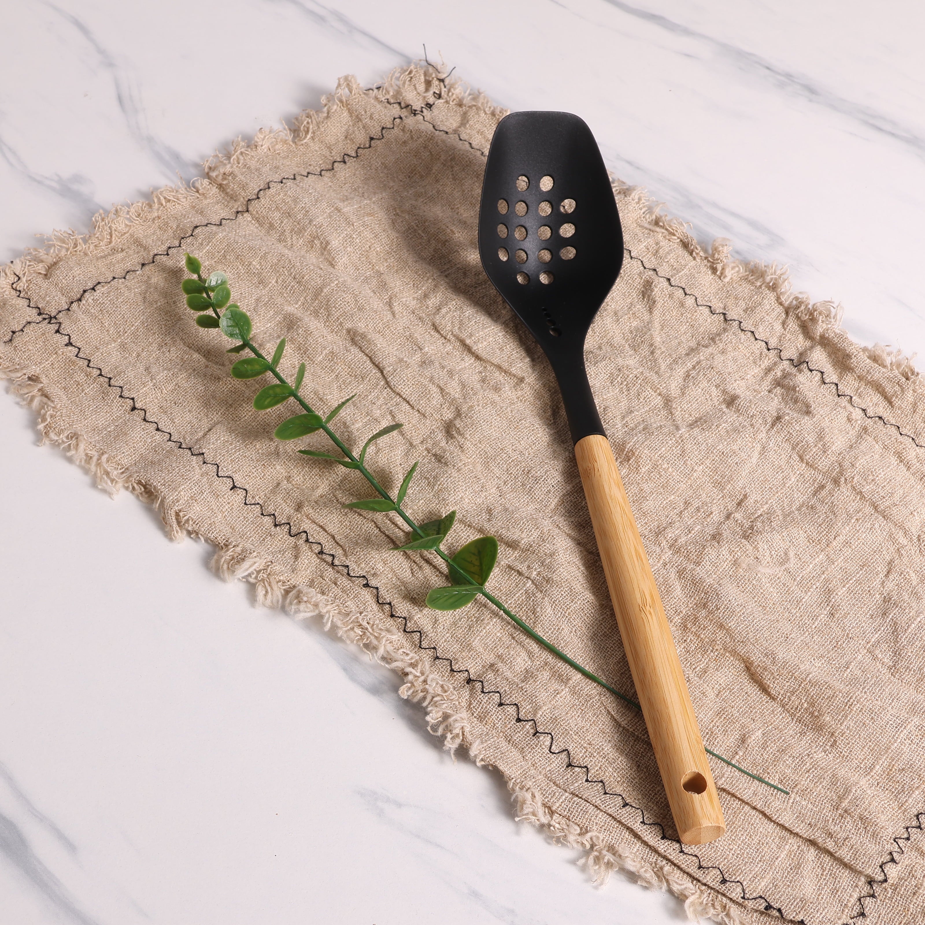 Durable Steel Cooking Spoon with Bamboo Handle, 12.6"2.7", & Bamboo, Black - Professional Kitchen Tool for Culinary Enthusiasts Detail