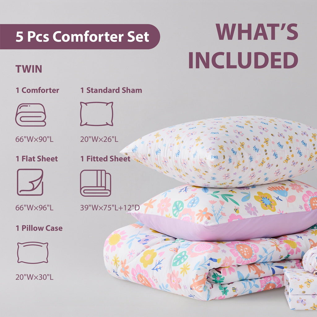 Fluffy Down Alternative Floral Comforter Set, Soft Microfiber Flower Bedding Set, 5 Pieces with Comforter, Sheets and Pillowcases, Twin - Cloud-Like Soft Lightweight Bed Comforter Detail