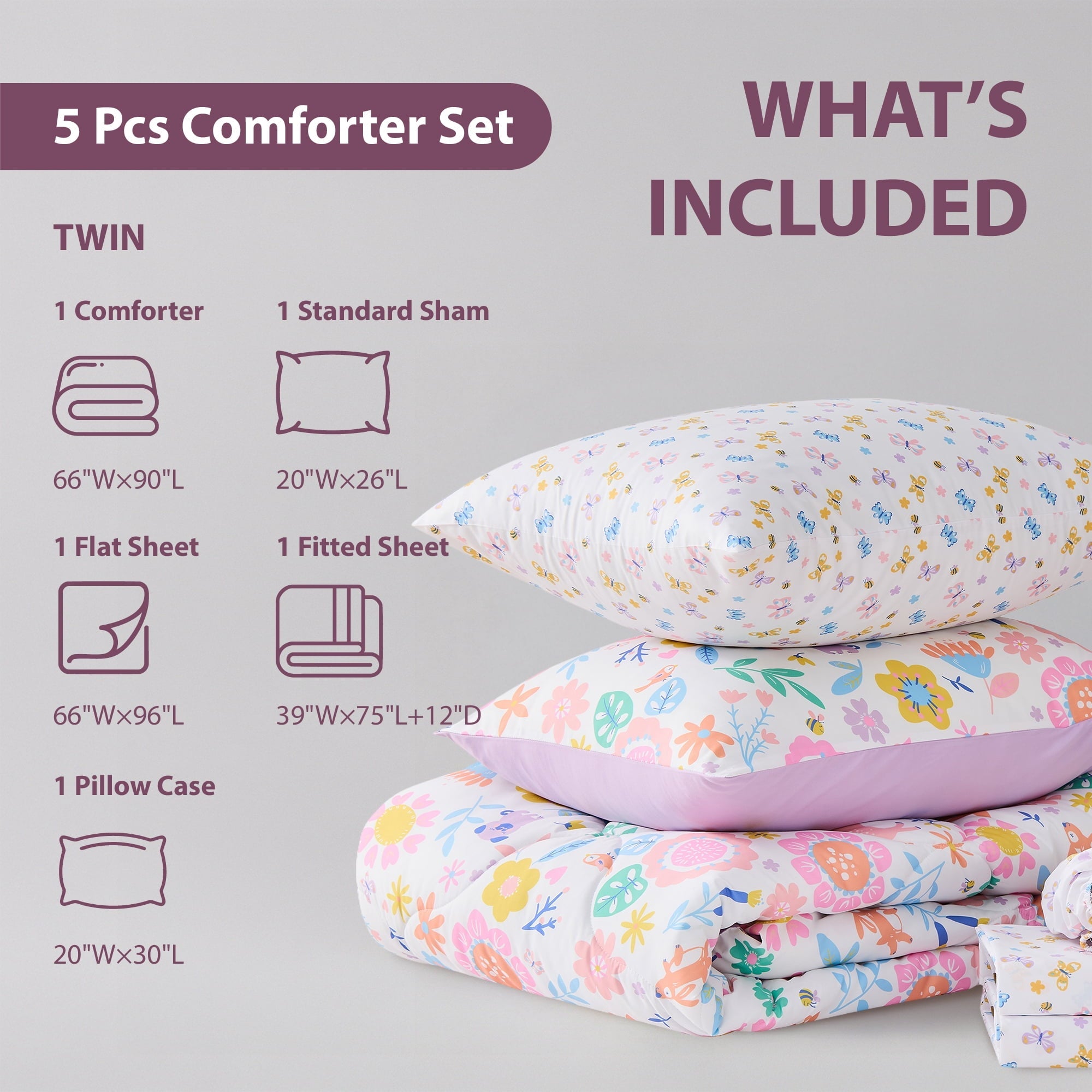 Fluffy Down Alternative Floral Comforter Set, Soft Microfiber Flower Bedding Set, 5 Pieces with Comforter, Sheets and Pillowcases, Twin - Cloud-Like Soft Lightweight Bed Comforter Detail