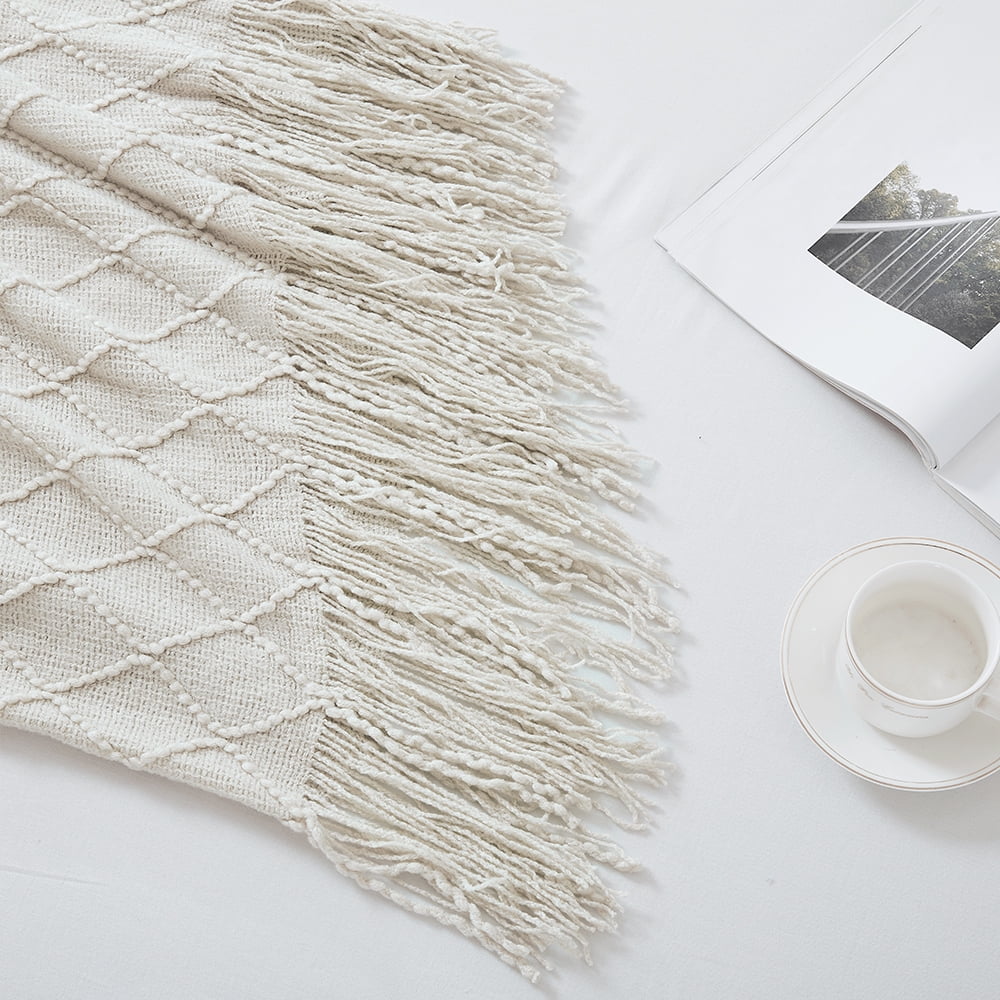 Decorative Knitted Rhombus Beige Throw Blanket, Soft and Lightweight, 50"x 60" - Luxury Knitted Decorative Throw Blanket with Fringes Detail