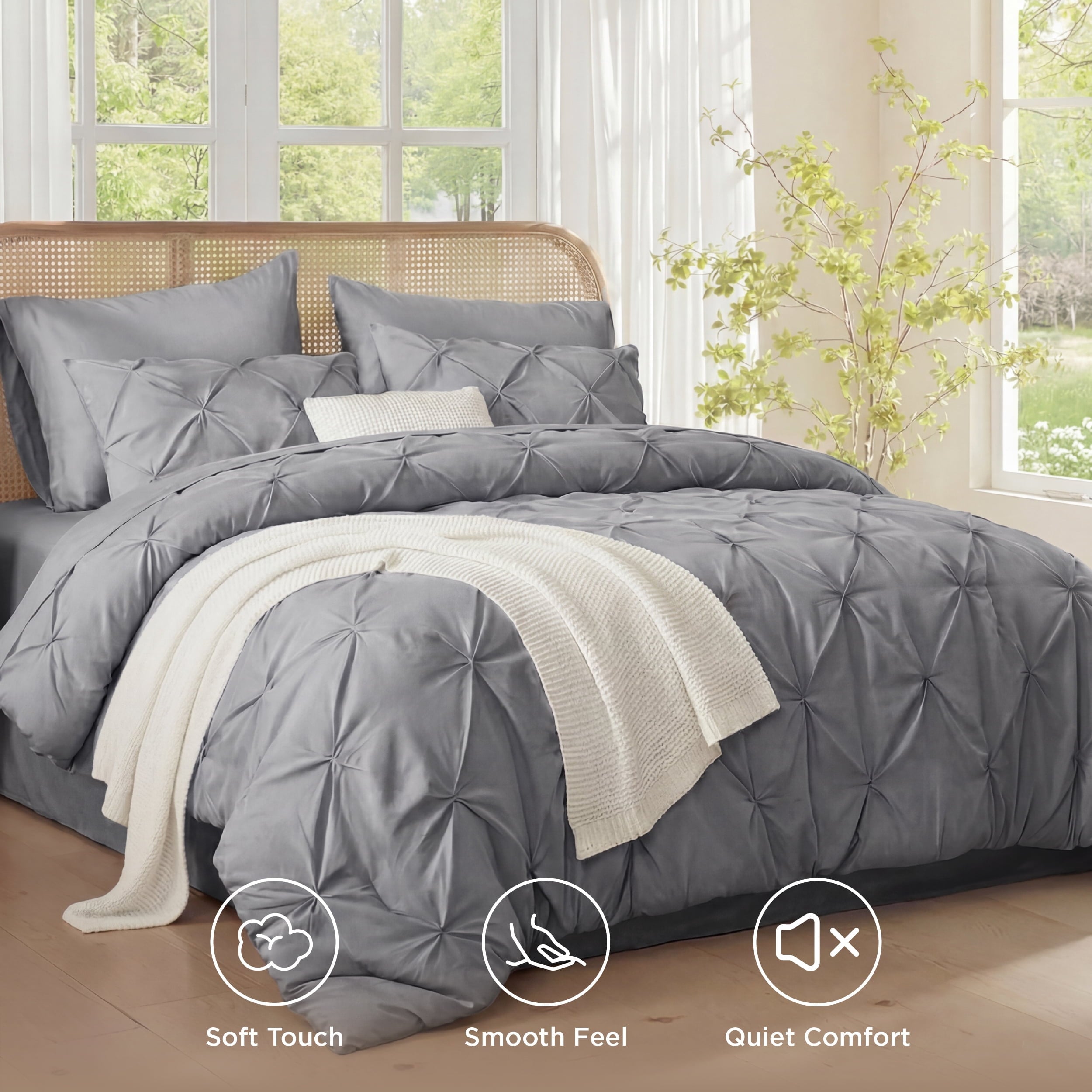 Fluffy Down Alternative Queen Comforter Set Grey, Bed in a Bag Queen Size Bedding, 7 Pieces Pinch Pleat All Season Comforter - All-Season Down Alternative Comforter Insert Detail