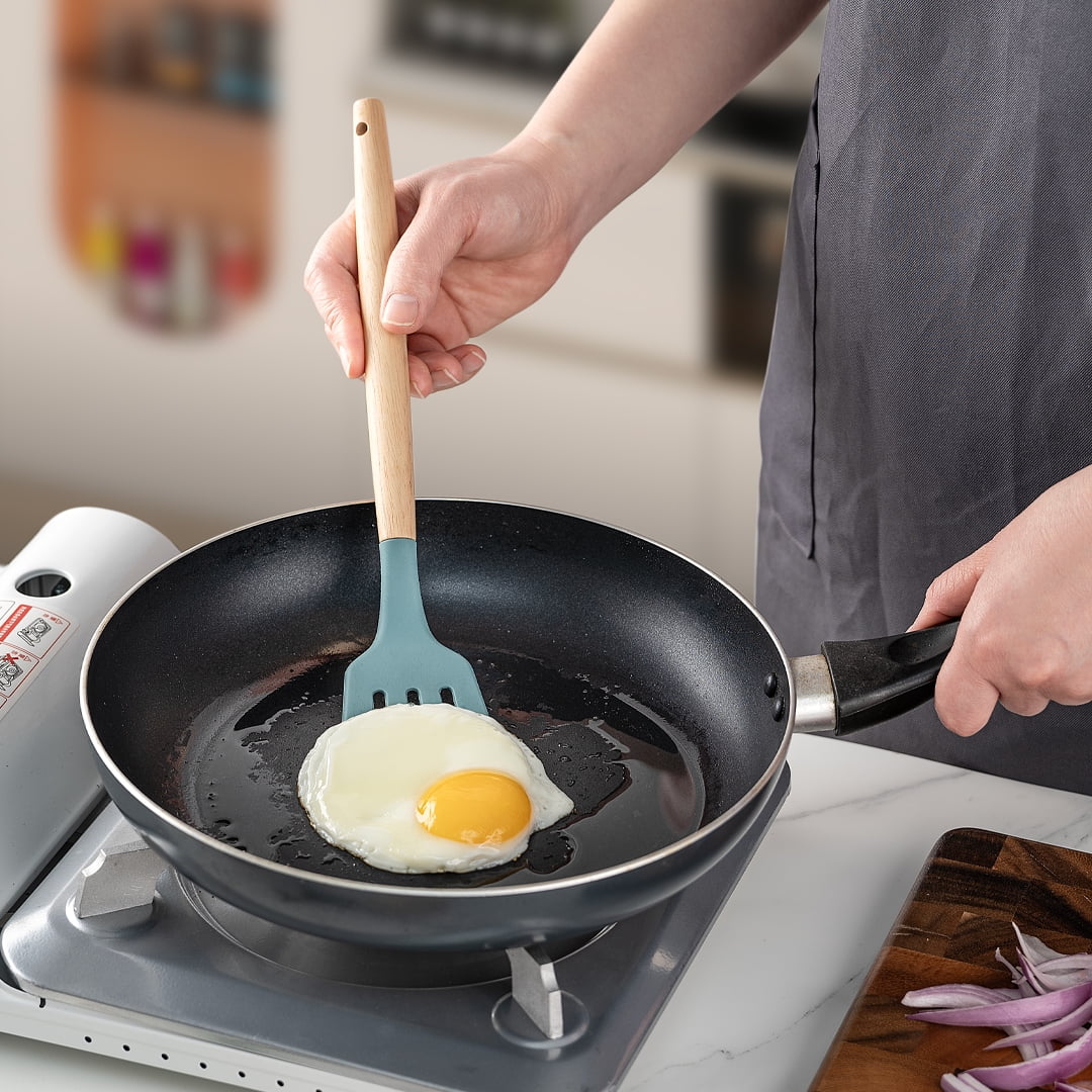 Seamless One-Piece Small Silicone Cooking Utensils with Holder Set (12Pack), Aqua Kitchen Tools with Wooden Handle for Nonstick... - Ergonomic Kitchen Tongs and Cooking Spoon Utensil Detail