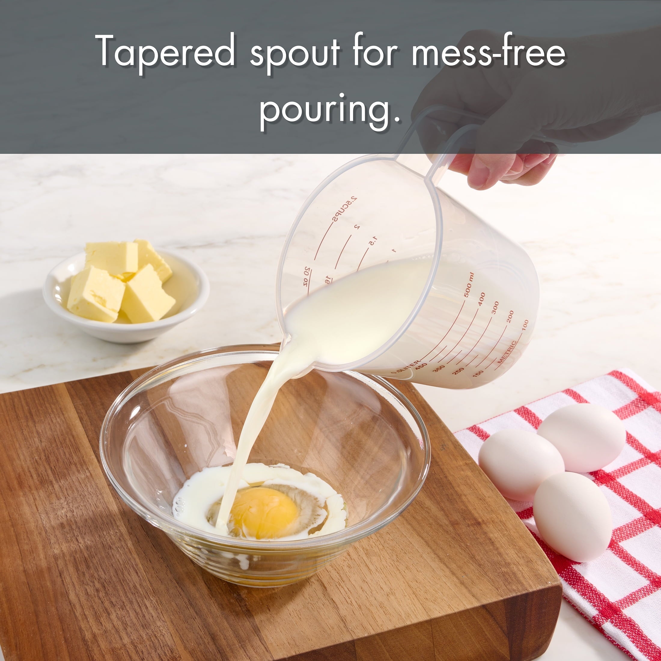 Multi-Functional 3-Piece Tapered Spout Nesting Plastic Measuring Cups Set, Clear - Premium Stainless Steel Garlic Presser & Peeler Detail