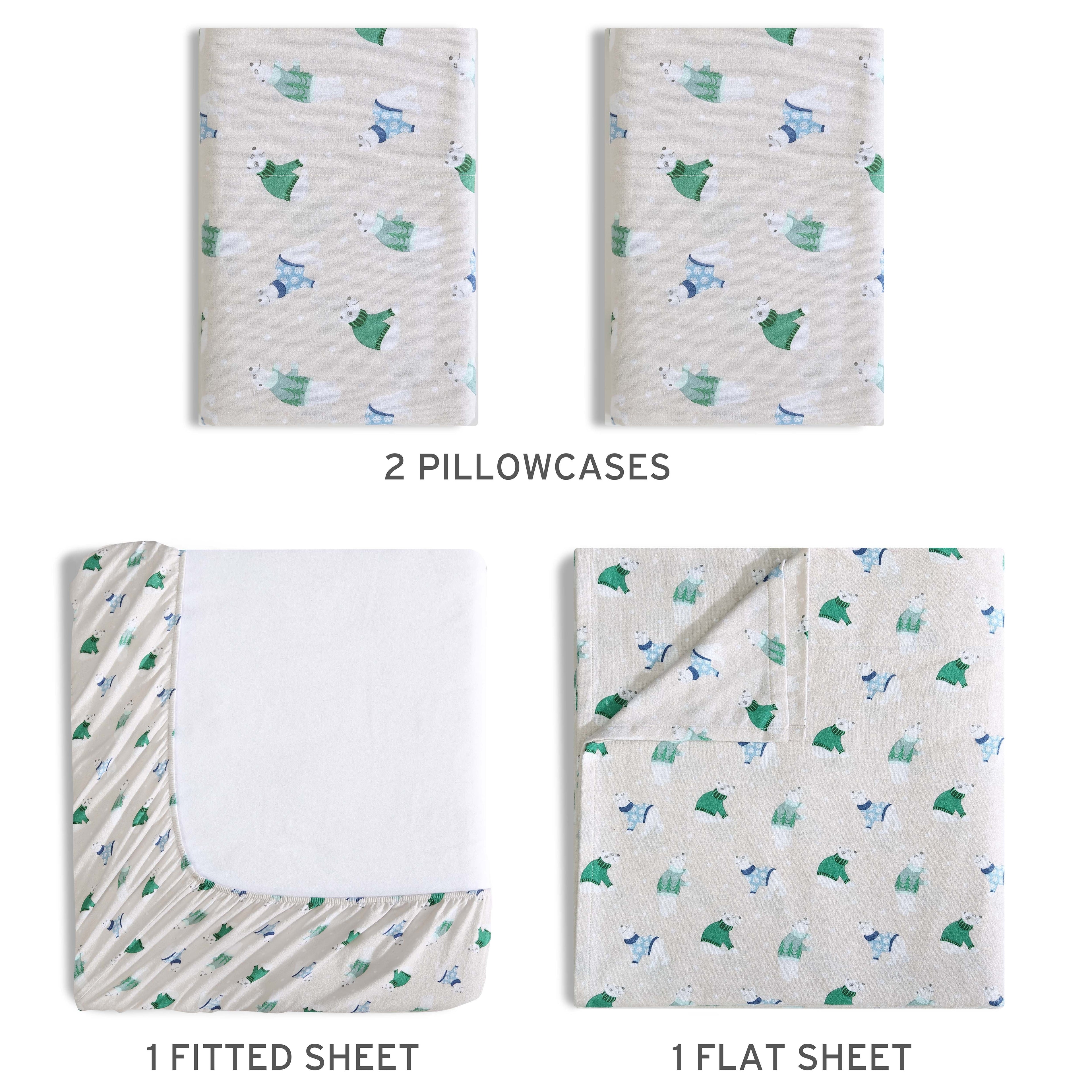 Wrinkle-Resistant Winter Nights Cotton Flannel Sheet Set, King, Holiday Bears - Premium Ultra-Soft Pillowcase Pair for Sleeping Detail