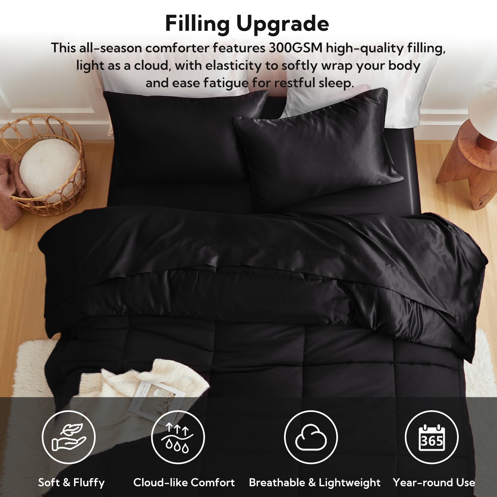 Fluffy Down Alternative Reversible Satin Microfiber Comforter 3 Pieces Queen Size, Black Queen Comforter Set for All Seasons, Silky Soft Sati... - All-Season Down Alternative Comforter Insert Detail