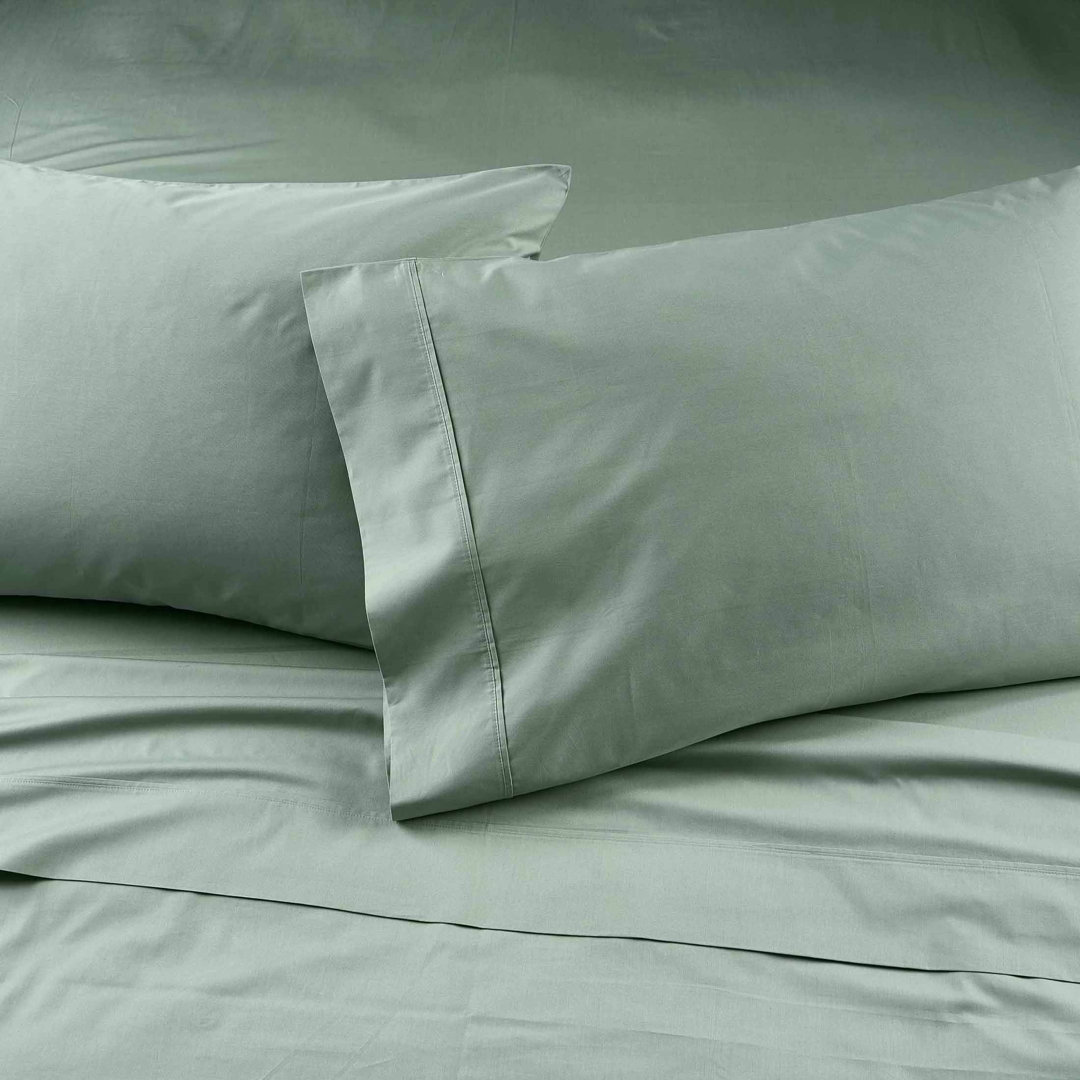 Cooling Sateen Cool & Crisp 4-Piece 300 Thread Count Green River Cotton Percale Sheet Set, Queen - Premium Ultra-Soft Pillowcase Pair for Sleeping Detail