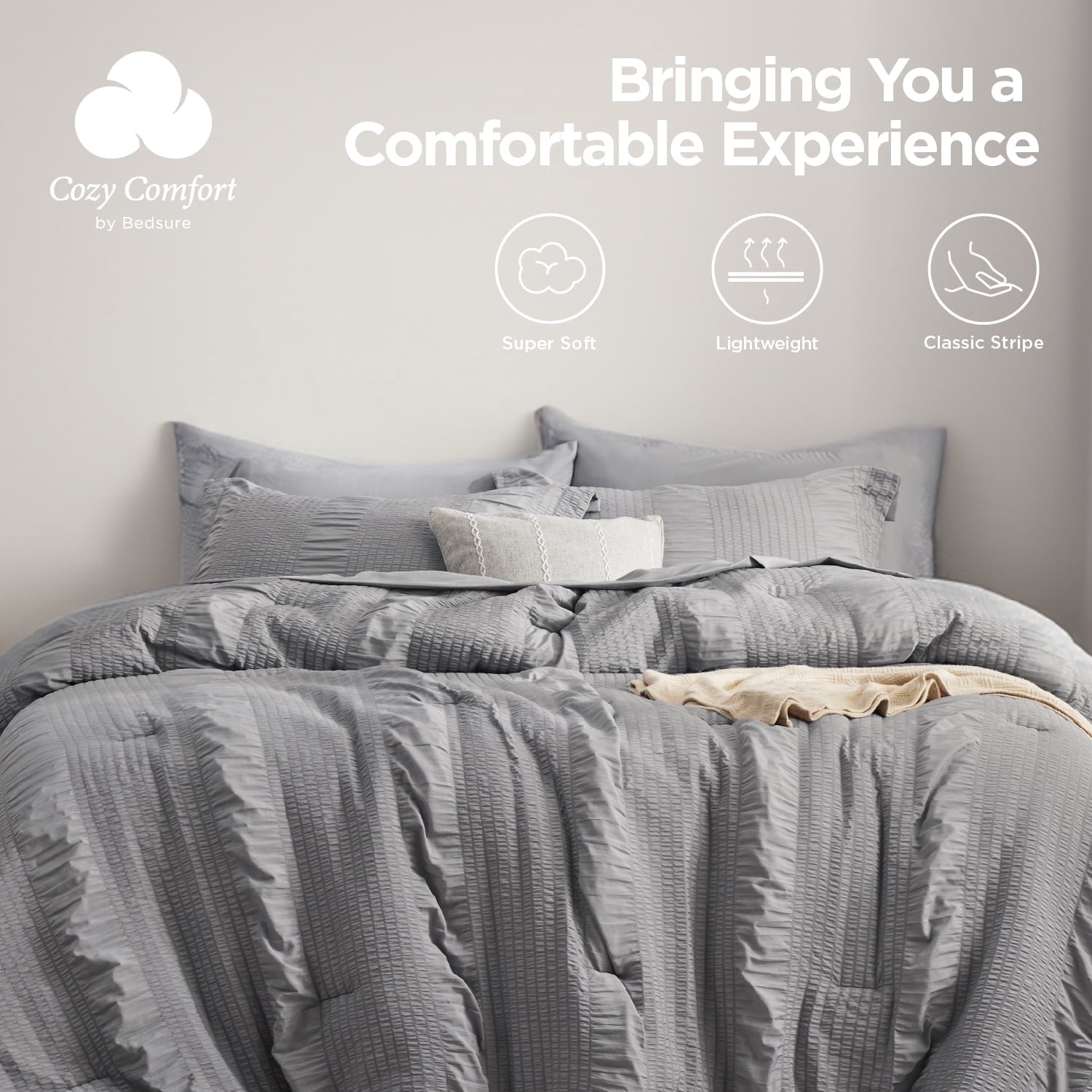 Heavyweight Warmth Twin Comforter Sets 5 Pieces Stripes Seersucker Bedding Set, Bed in a Bag with Soft Comforter & Sheets, Pillowcase & ... - Luxurious Quilted Duvet Cover Set Detail
