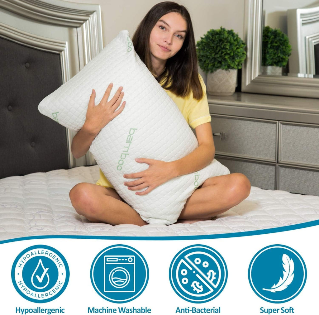Fluffy Shredded Queen Size Bamboo Pillow, Memory Foam Bed Pillows with Washable Pillowcases, Queen - Orthopedic Shredded Foam Bed Pillow Set Detail