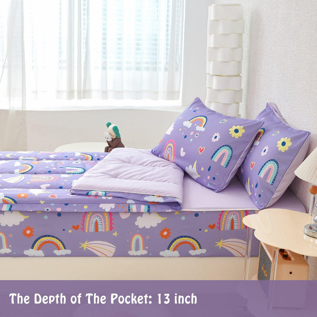 Luxurious Quilted Zipper Kids Comforter Set, 3-Piece Purple Twin Bed in a Bag, Cartoon Rainbow Stars Flowers Printed Zip Up Comforter S... - Luxurious Quilted Duvet Cover Set Detail