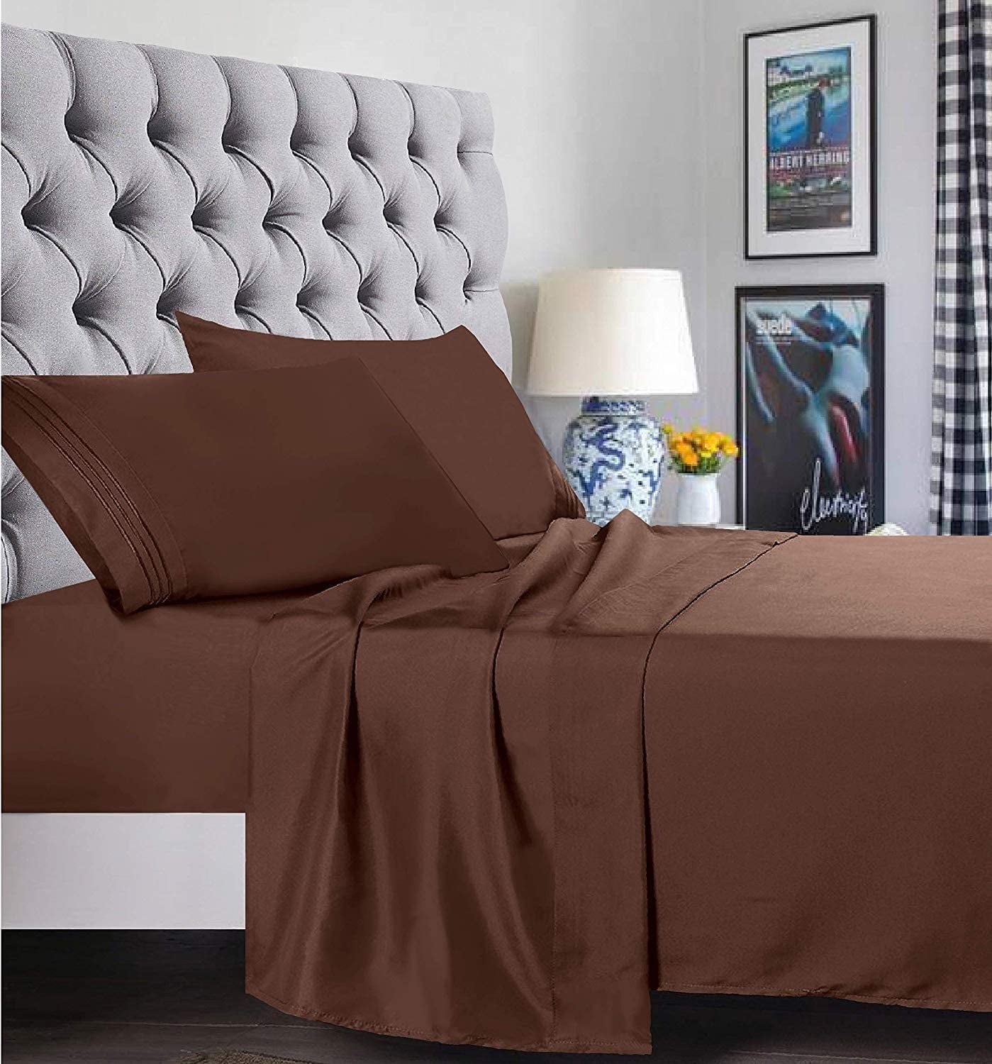 Premium Egyptian Cotton 1500 Series Microfiber Bed Sheets 4-Piece Set, Deep Pocket, Twin/Twin XL Chocolate Brown - Premium Ultra-Soft Pillowcase Pair for Sleeping Detail