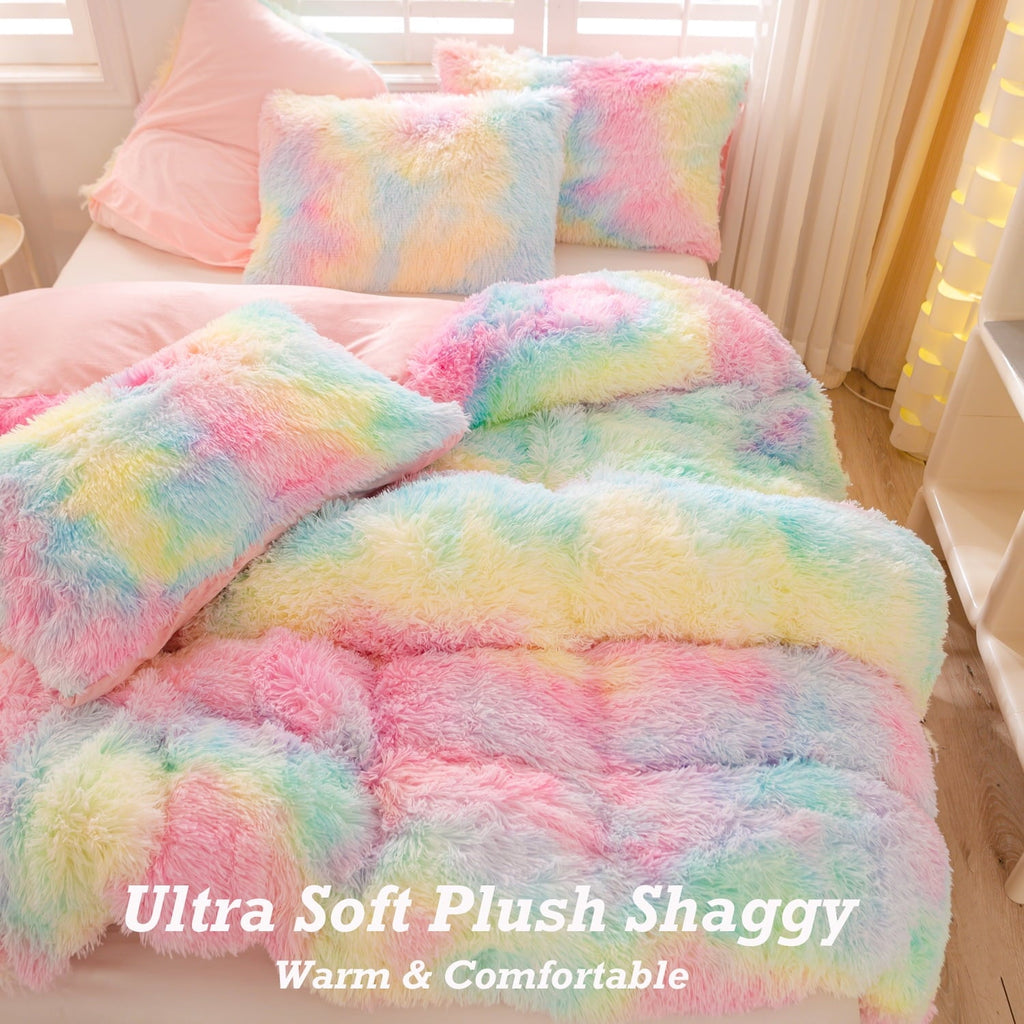 Hypoallergenic Cloud 3Pcs Pink Faux Fur Twin Comforter Set for Girls Tie Dye Rainbow Kid Bed Set Plush Shaggy Bedding Sets Fuzzy Bed Comfo... - Luxurious Quilted Duvet Cover Set Detail
