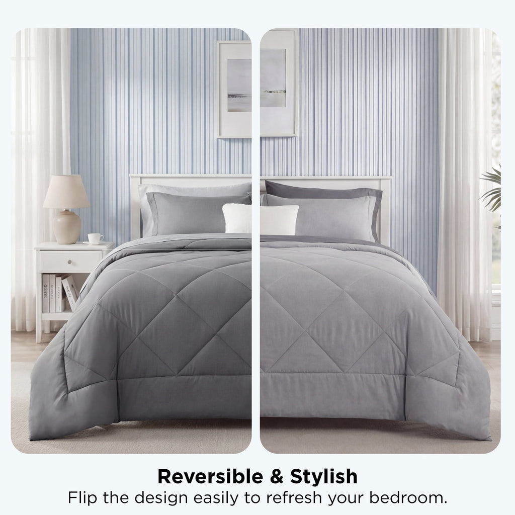 Heavyweight Warmth Queen Reversible Comforter Set - 7 Pieces Grey Bedding, Bed in a Bag with Alternative Comforter, Sheets, Pillowcases ... - Cloud-Like Soft Lightweight Bed Comforter Detail